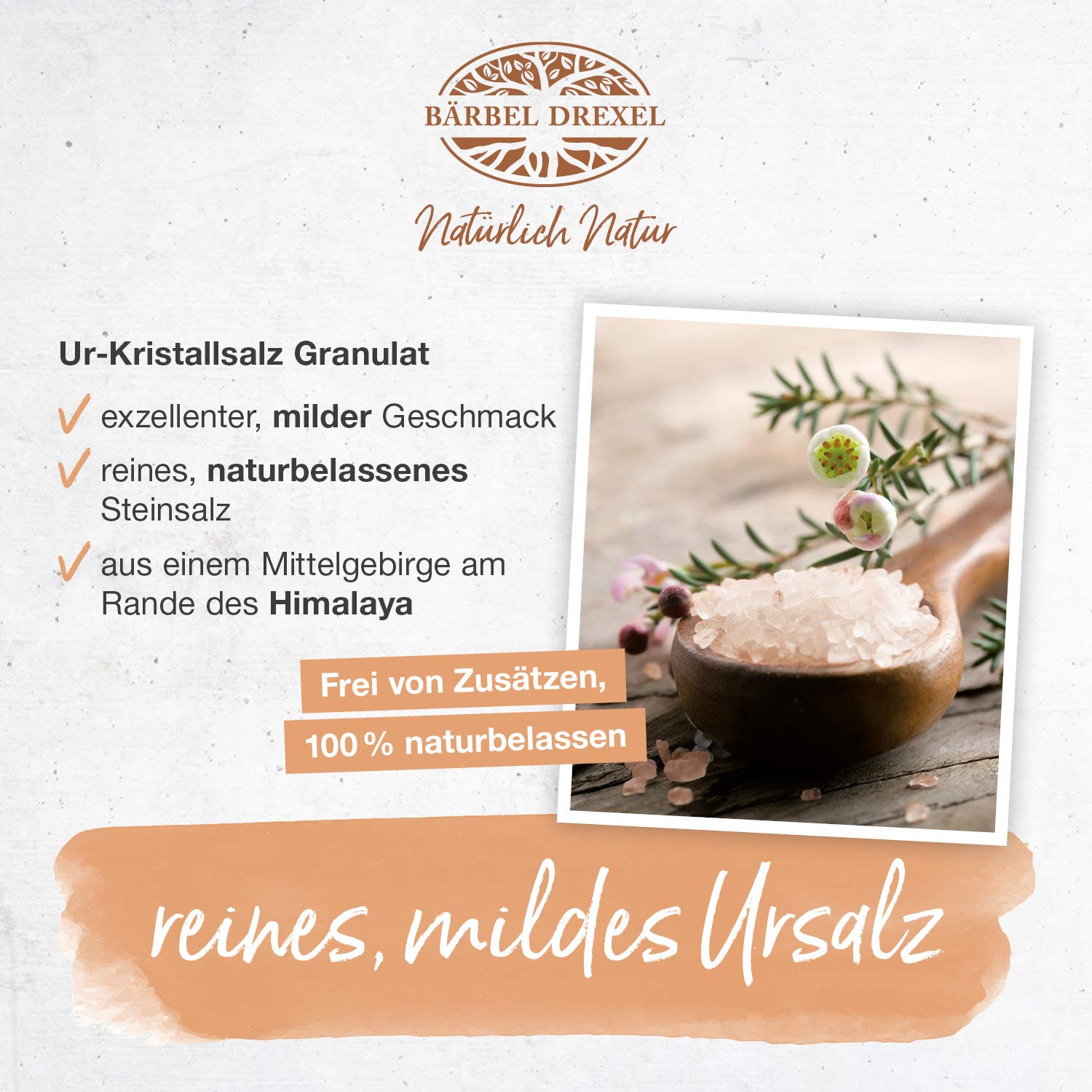 BÄRBEL DREXEL® Rosa Kristallsalz (Tiefebenen Rand Himalaya) FEIN, feines Natursalz (750g) Für Feinschmecker, 100% Veganes Speisesalz, Reines Steinsalz, Naturbelassen Unbehandelt, Ur-Salz