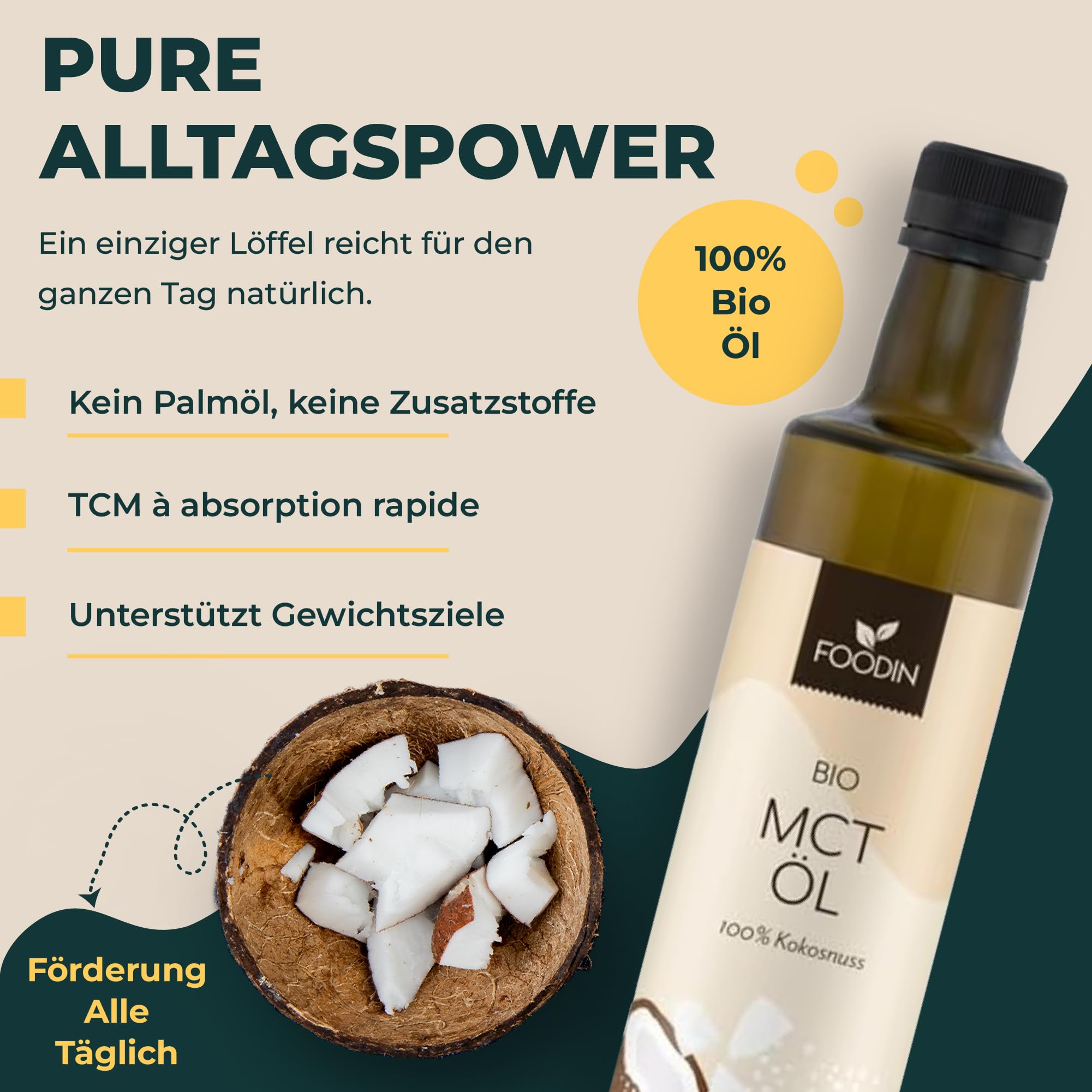 FOODIN MCT Öl 1000ml (2 x 500 ml) aus 100% Kokosöl, Medium-Chain Triglyceride (MCT) Oil, Hergestellt aus produzierter Kokosnuss, 100% glutenfrei und vegan, Ideal für Ketogene Ernährung
