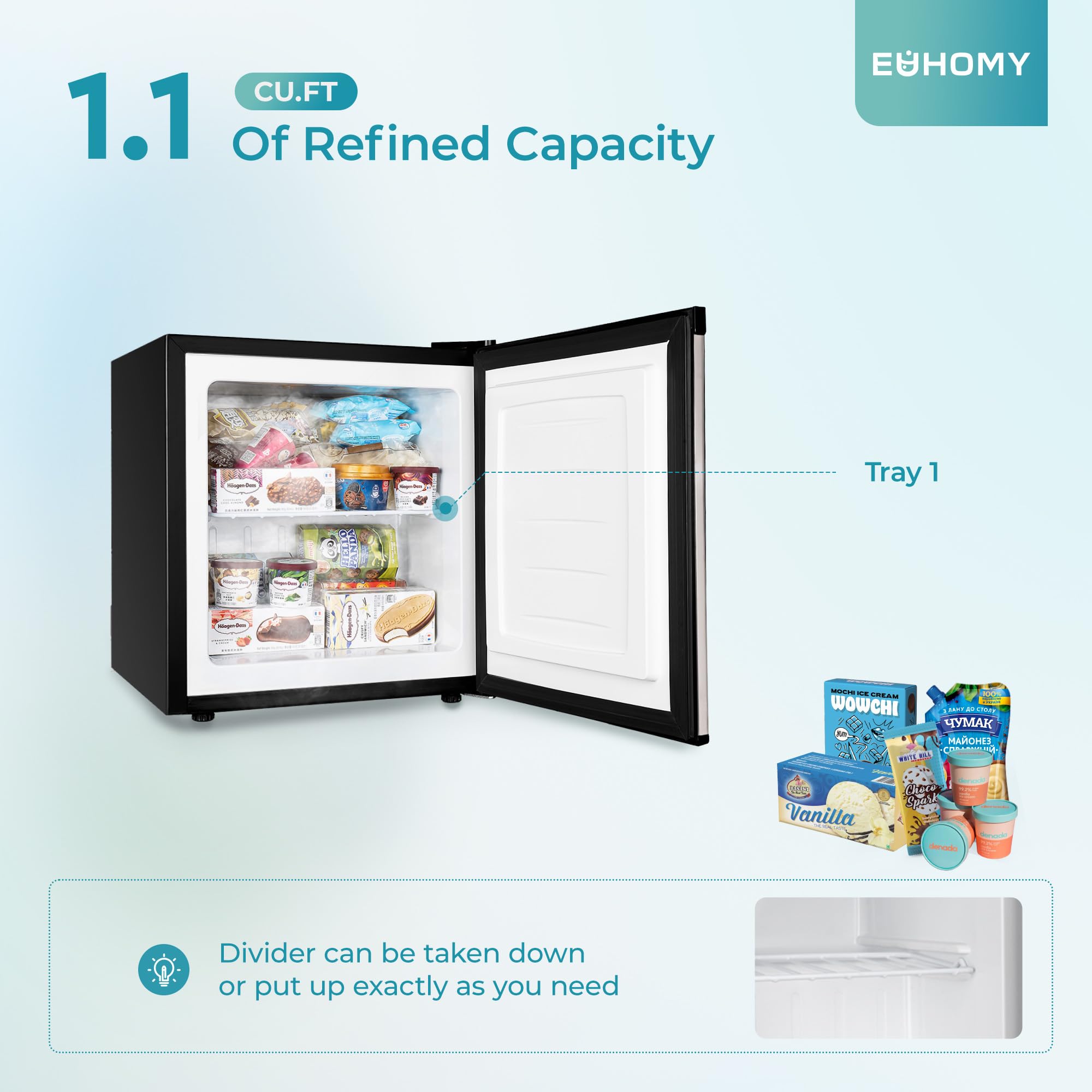 EUHOMY 1.1 Cubic Feet Mini Freezer, Countertop, Single Door Compact Upright Freezer with Reversible Door, Removable Shelves, Small freezer for Home/Dorms/Apartment/Office, New Black