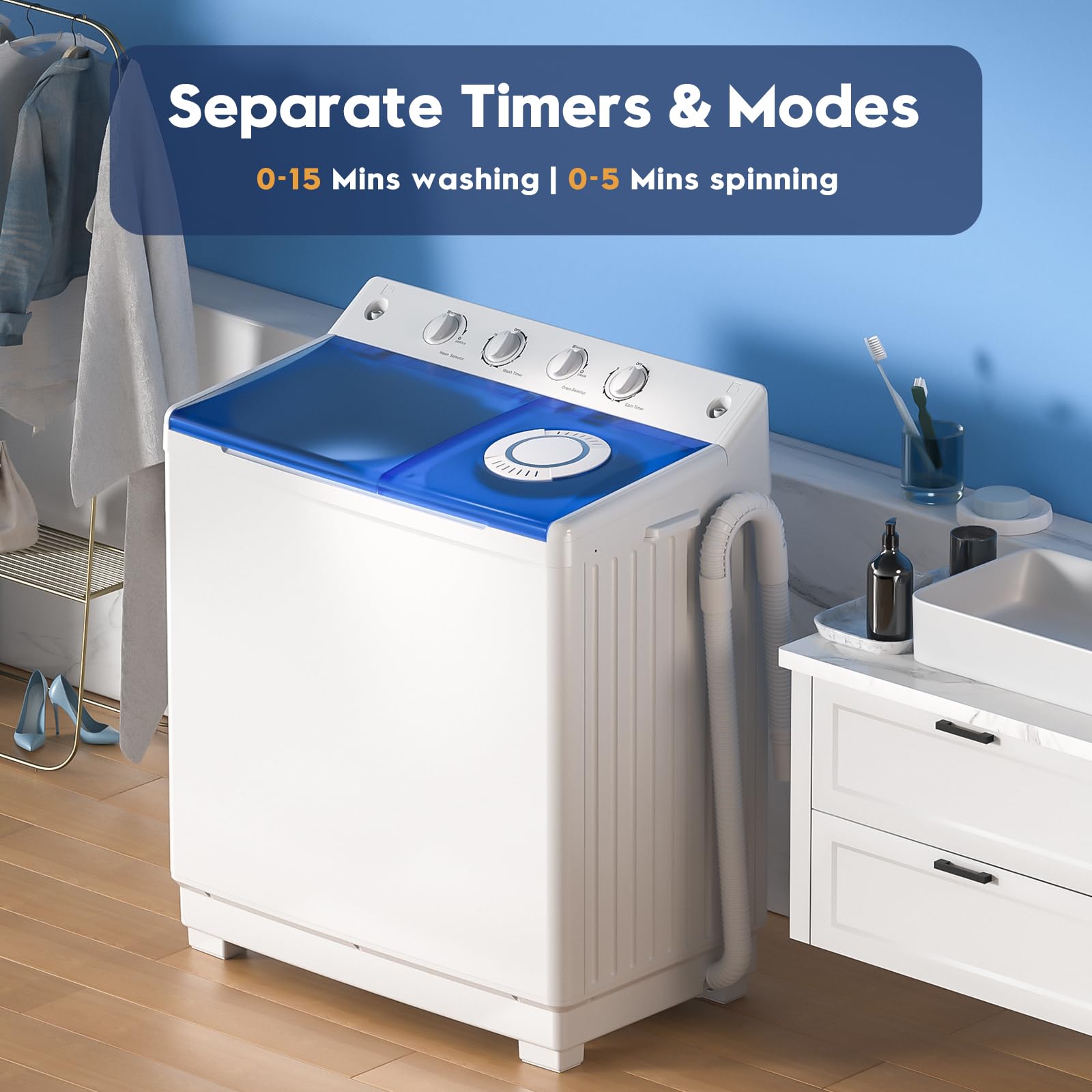 Auertech Portable Washing Machine, 28lbs Twin Tub Washer Mini Compact Laundry Machine with Drain Pump, Semi-automatic 18lbs Washer 10lbs Spinner Combo for Dorms, Apartments, RVs