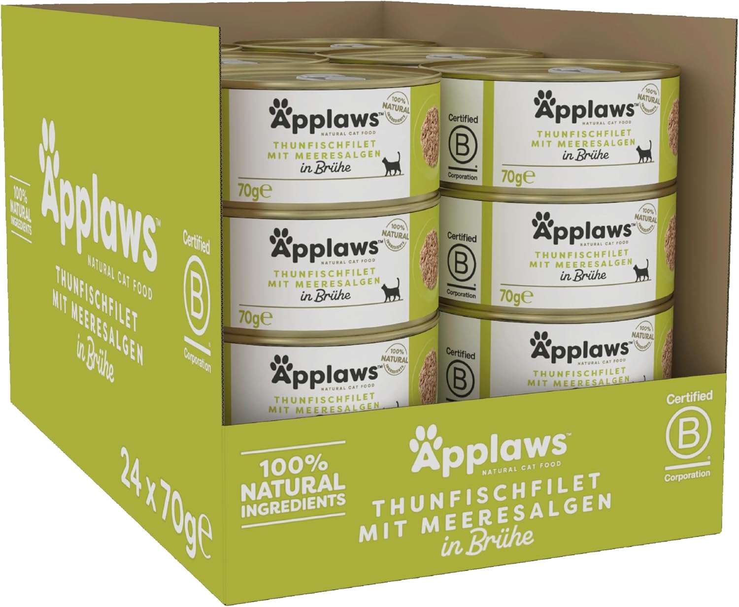 Applaws 100% Natural Thunfischfilet Nassfutter in Brühe für ausgewachsene Katzen - 24 x 70g Dosen