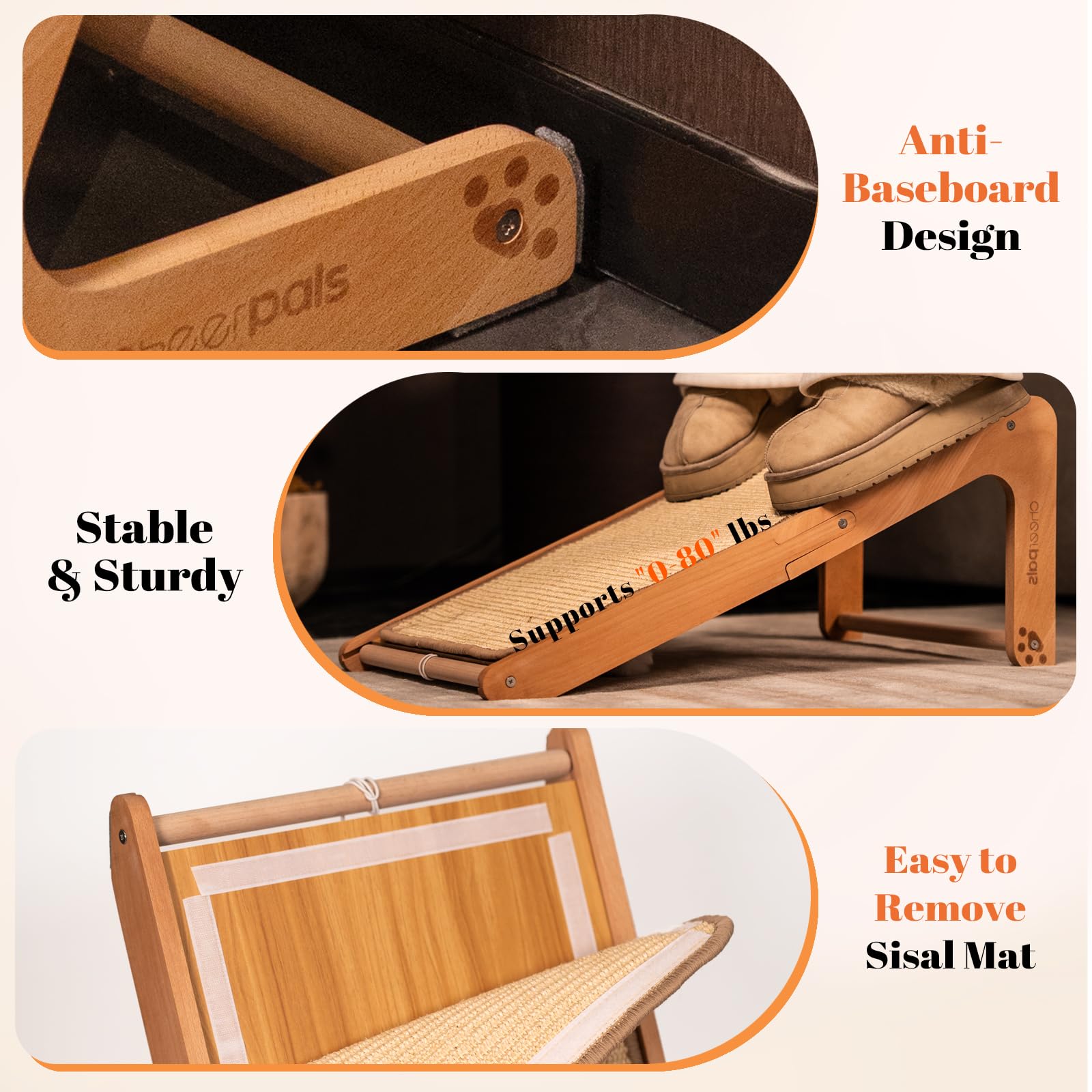 CheerPals Dual-Use Sisal Kratzbrett Katzen- Large 63cm H, Massivholz Buche & Natürliche Sisal Kratzsäule Katze, L-förmige Kratzmöbel für alle Katzen Spielen, Entspannen