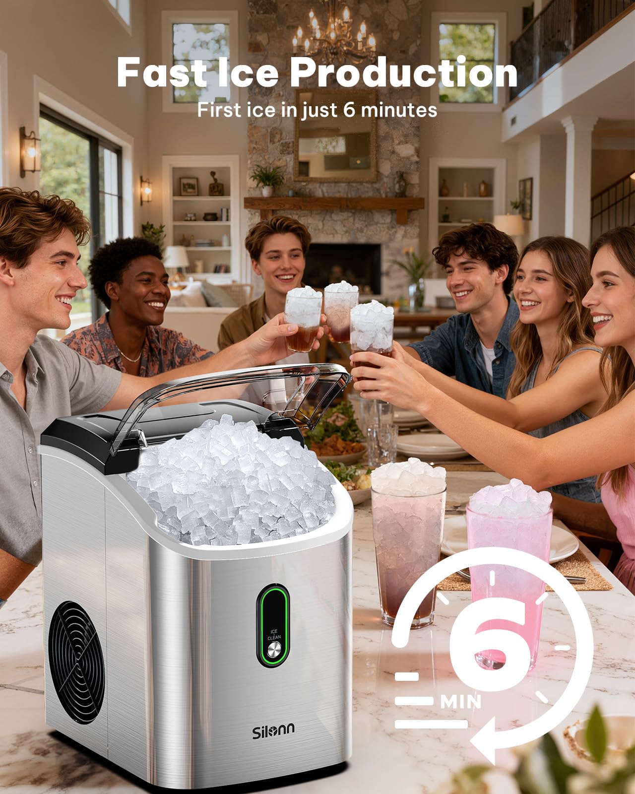 Nugget Ice Maker Countertop, Silonn Chewable Pellet Ice Machine with Self-Cleanin Function, 36lbs/24H Portable Ice Makers for Home Kitchen Officce, Black