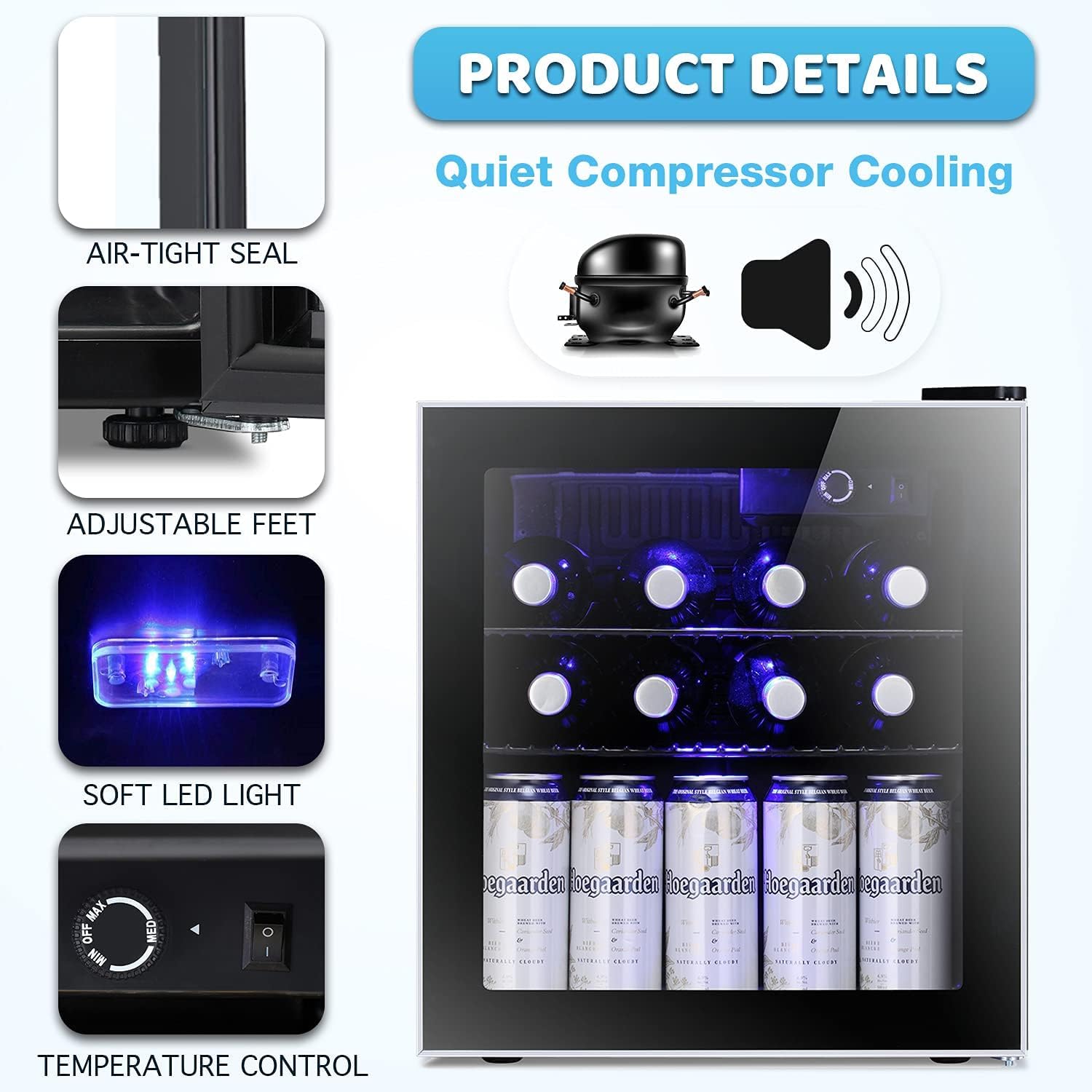 Antarctic Star 12 Bottle 48 Can Wine Cooler/Cabinet Beverage Refrigerator Mini Fridge Low Noise Clear Glass Door Counter Top Cellar for Beer Soda Bar 1.3 cu.ft Black