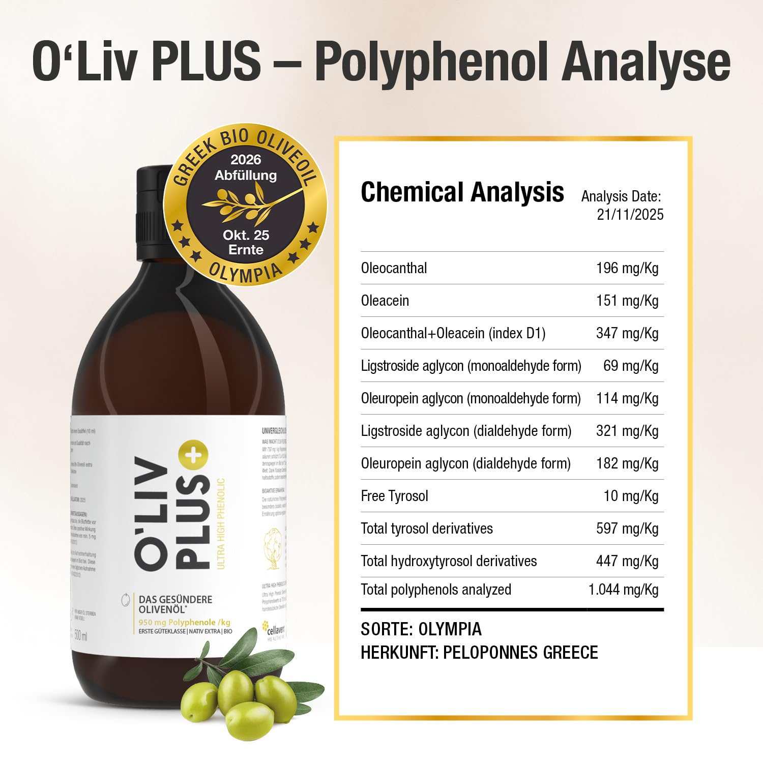 Das Olivenöl mit Gesundheitswert – extra hoher Polyphenol-Gehalt 950 mg/kg – Bio-Qualität – nur 1 Esslöffel/Tag – Oliv PLUS – 500 ml – 50 Portionen