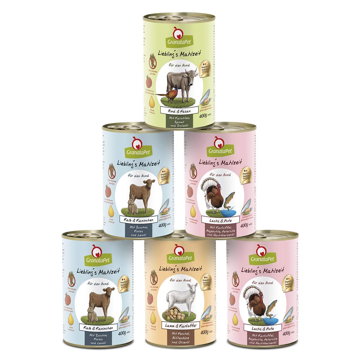 GranataPet Liebling's Mahlzeit Multipack 2, Nassfutter für Hunde im Probierpaket, Alleinfuttermittel ohne Getreide, Hundefutter mit hohem Fleischanteil & hochwertigen Ölen, 6 x 800 g