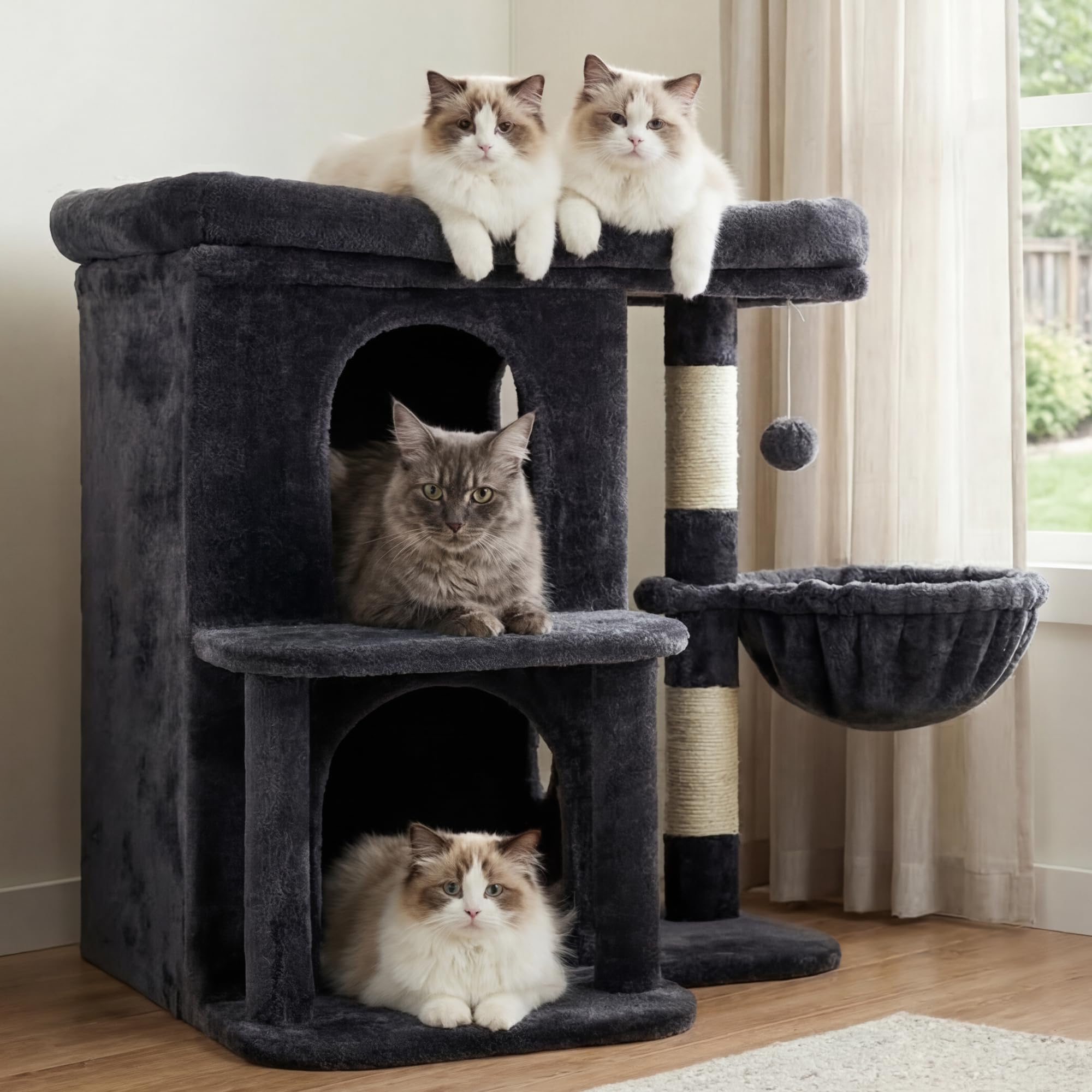 Heybly Kratzbaum, 65 cm Hoher Katzenbaum mit Extra-Großer Plattform, Gestuftes Katzenmöbel mit Doppelhaus, Inklusive Sisal-Kratzsäule, Katzenkorb und Spielzeug für Katzen, Hellgrau HCT204SW
