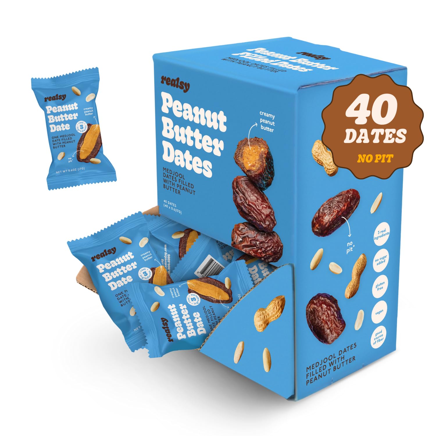 Realsy Stuffed Medjool Dates, Organic Dates with No Sugar Added, Gluten-Free, Vegan, All-Natural Healthy Snack, Individually Wrapped (40 ct) (Peanut Butter)