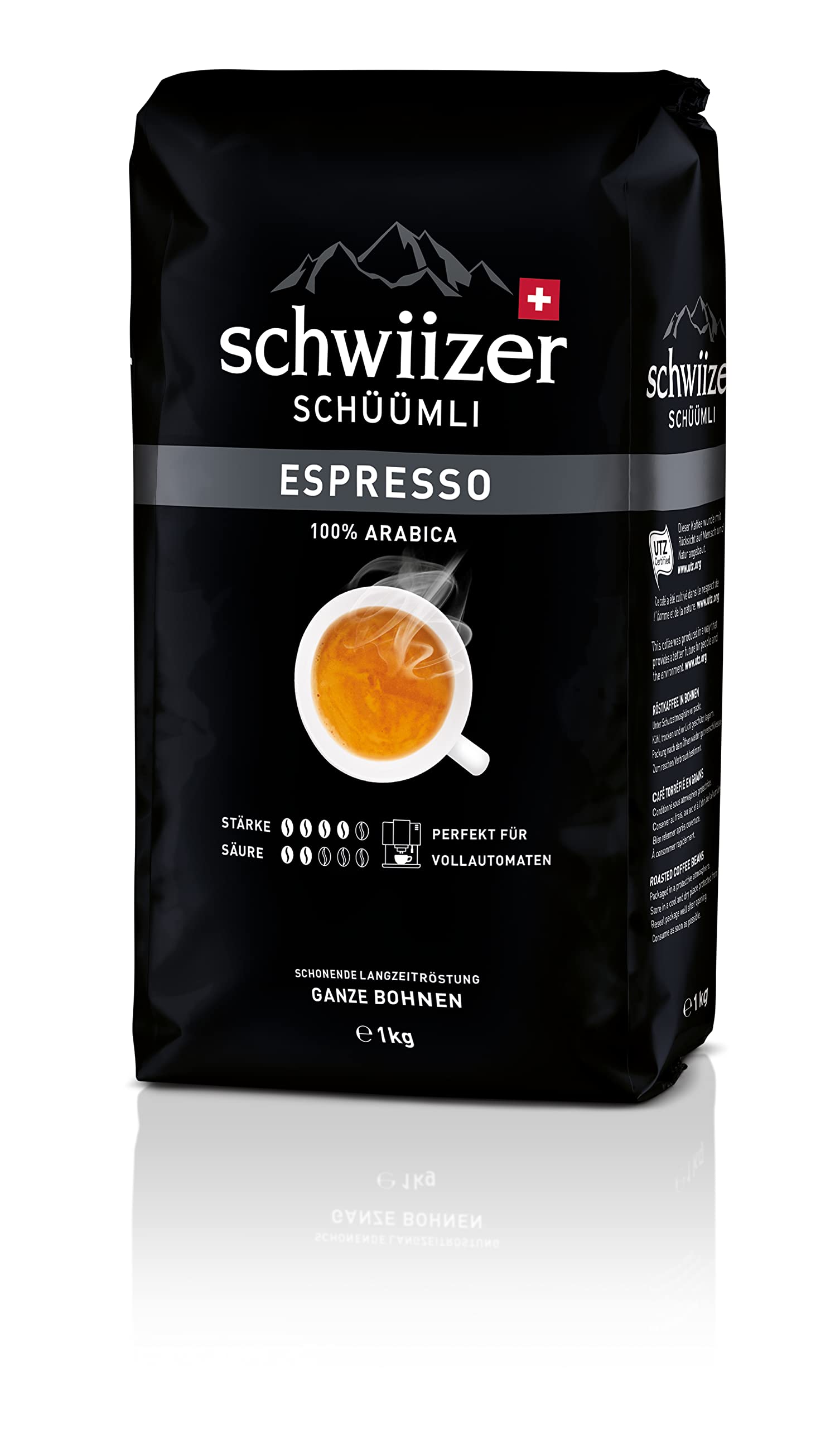 Schwiizer Schüümli Espresso, 100% Arabica Kaffeebohnen, kräftig-intensiv, ideal für Vollautomaten, Stärke 4/5, mittlere Röstung, Rainforest Alliance, 1kg