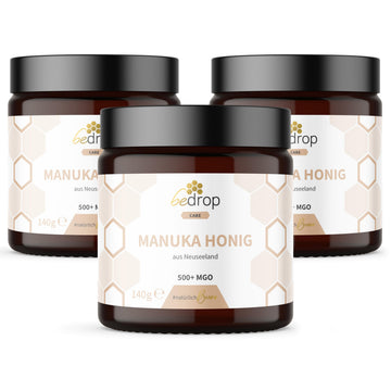 bedrop Manuka Honig mit MGO 500+ XXL Glas - 100% echter Premium Manukahonig aus Neuseeland mit zertifiziertem Methylglyoxal Gehalt (Analyse-Zertifikat) - 140g