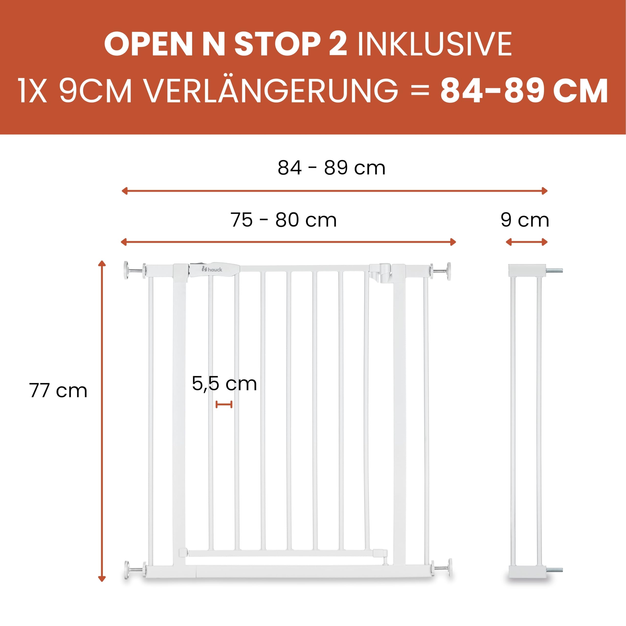 hauck Open N Stop 2 + 21 cm Verlängerung, Weiß - Kinderschutzgitter Hundegitter, Verstellbare Breite 96-101 cm, 77 cm Hoch, Beidseitige Einhand Öffnung, ohne Bohren, für Innen