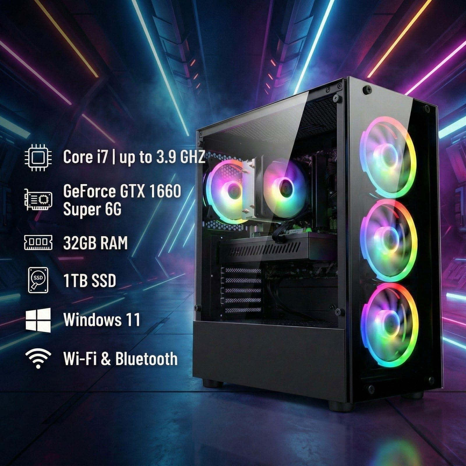 STGAubron Gaming PC Desktop Computer, Intel Core i7 up to 3.9GHz, Radeon RX 580 8G, 16G RAM, 512G SSD, WiFi 6, BT 5.0, RGB Fan x4, Windows 11 Home