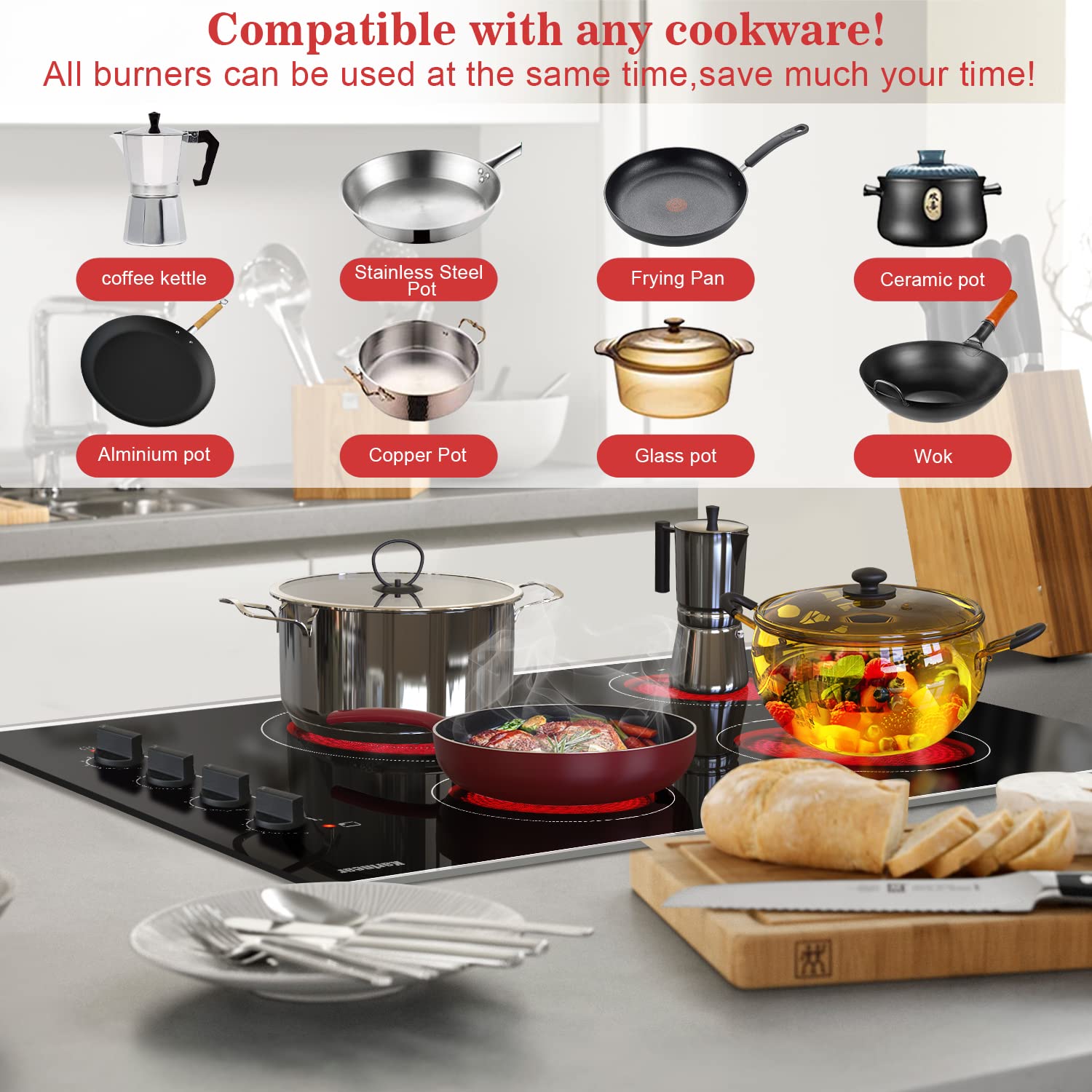 Karinear 30 Inch Electric Cooktop 4 Burners, Knob Control Built-in Ceramic Cooktop, 30" Radiant Electric Stove Top with Glass Protection Metal Frame,Fits Most Existing Cutouts, 220-240v, Hard Wire