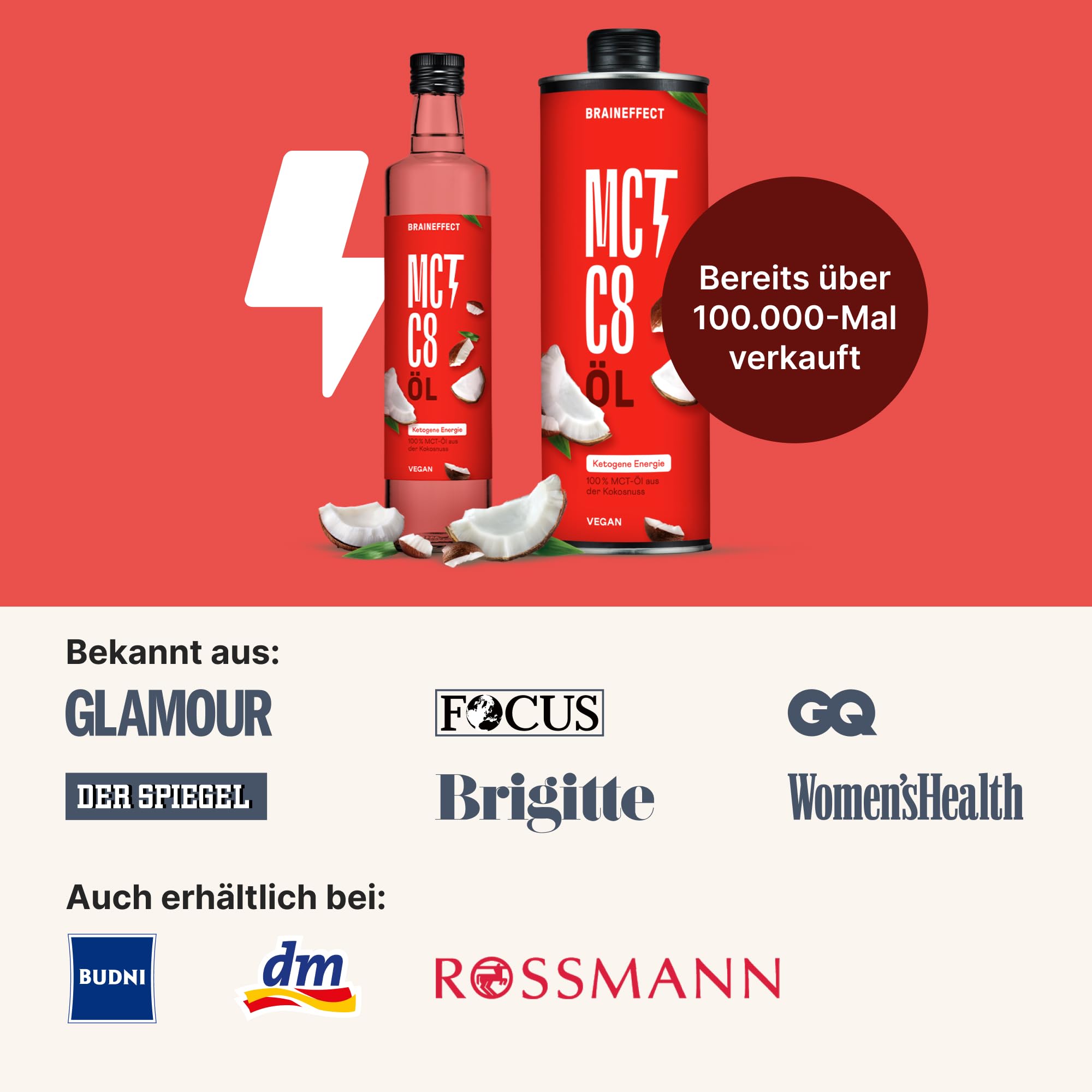 BRAINEFFECT MCT-Öl C8 – Reiner Extrakt aus Kokosöl, Bildet 3x mehr Ketone als andere MCT-Öle, Ideal für Low-Carb-, Paleo- und ketogene Ernährung & Bulletproof Coffee – 1 Liter