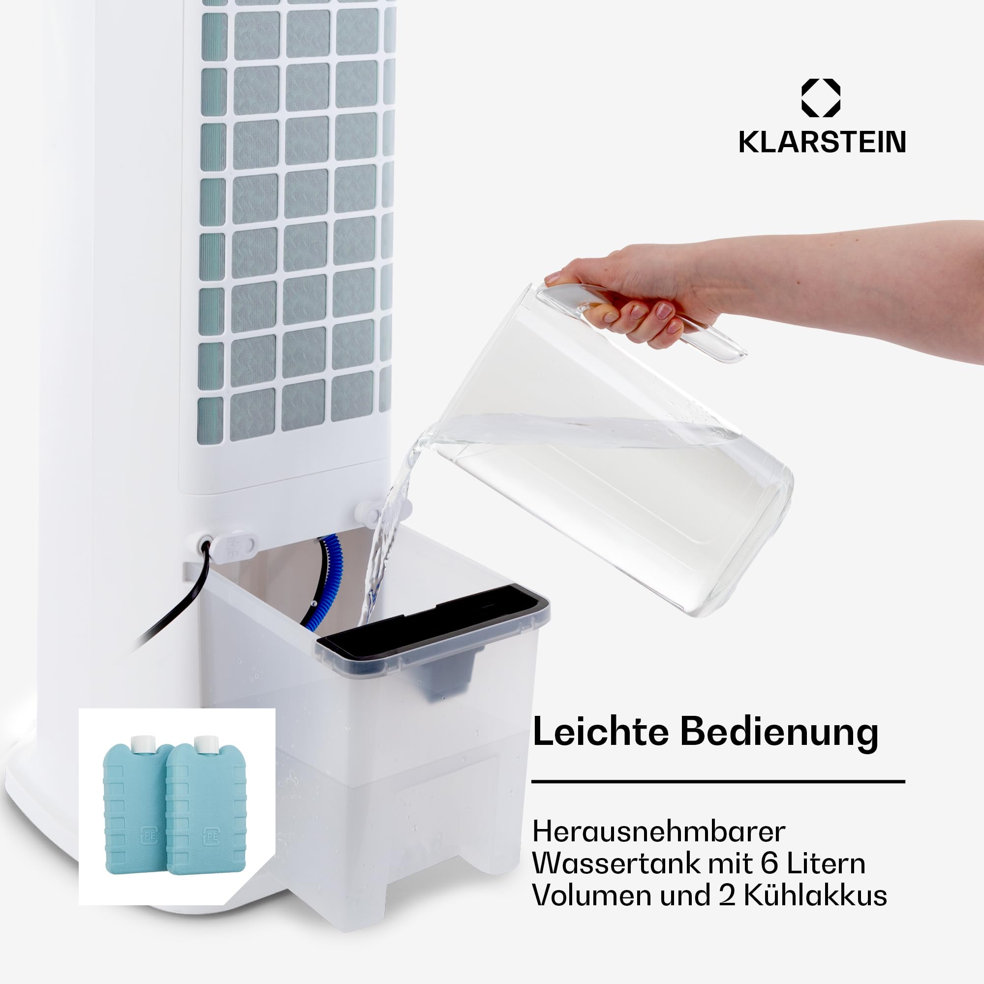 Klarstein Luftkühler mit Wasserkühlung, 5-in-1 Verdunstungskühler, Luftbefeuchter, Ventilator & Luftreiniger, Mobile Klimageräte Luftkühler mit App-Steuerung, 80W Air Cooler, 462m³/h Luftstrom