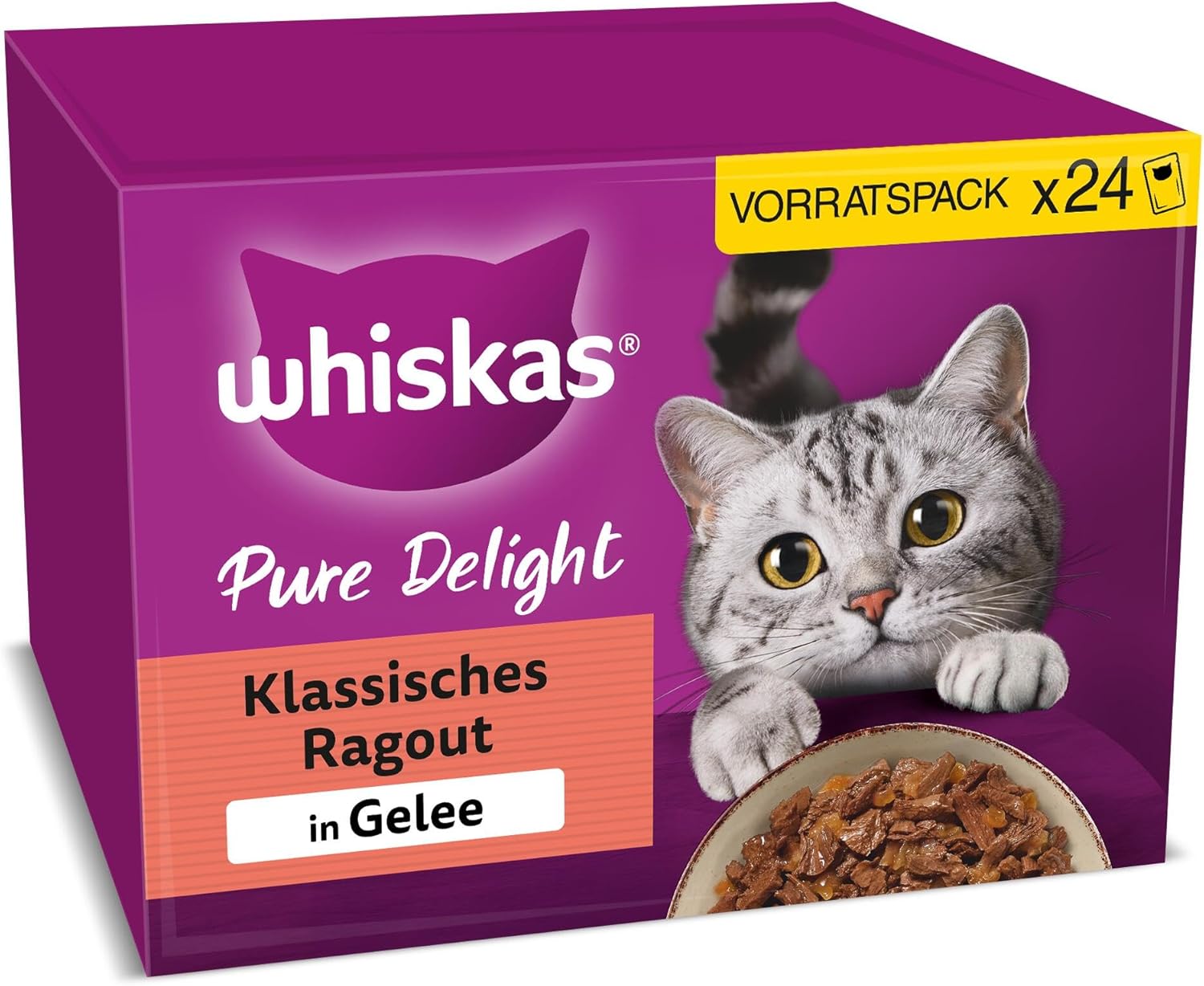 Whiskas 1+ Katzennassfutter Ragout Geflügel Auswahl in Gelee, 40x85g (1 Packung) – Hochwertiges Nassfutter für ausgewachsene Katzen in 40 Portionsbeuteln