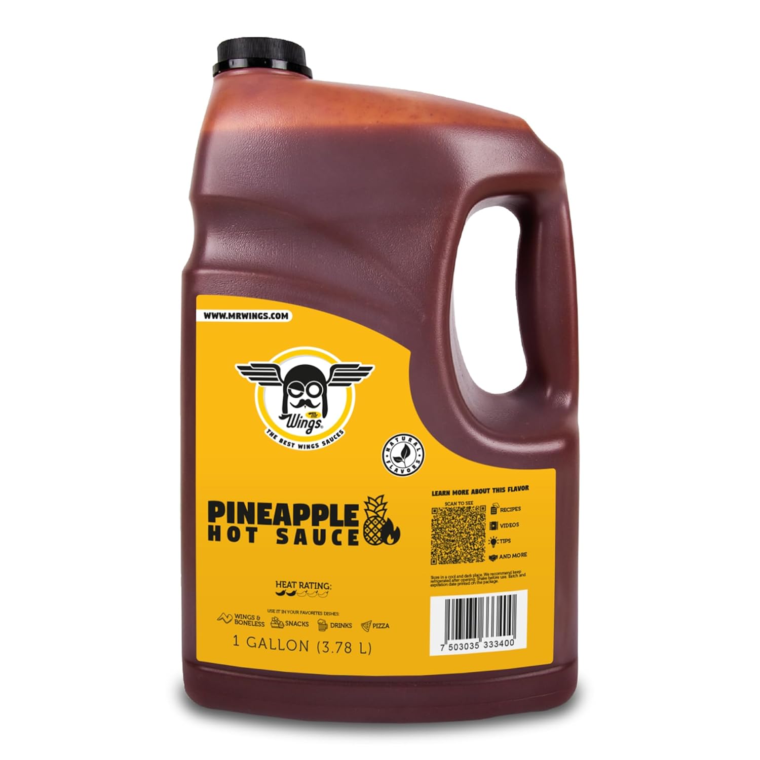 Mr. Wings Sweet Mango Mild Sauce 1 Gallon (128 Fl Oz). Sweet and spicy delight, perfect for boneless chicken, fries, drinks, and your favorite snacks. Large bulk sauce.