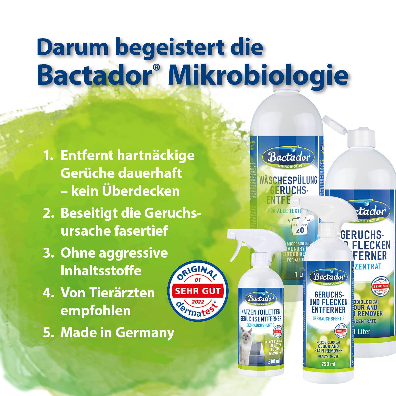 Bactador Enzymreiniger Konzentrat 1L - Geruchsentferner & Fleckenentferner - Mikrobiologischer Geruchsneutralisierer - Hundeurin / Katzenurin Entferner - Porentiefe Reinigung - Ergibt bis zu 50 Liter