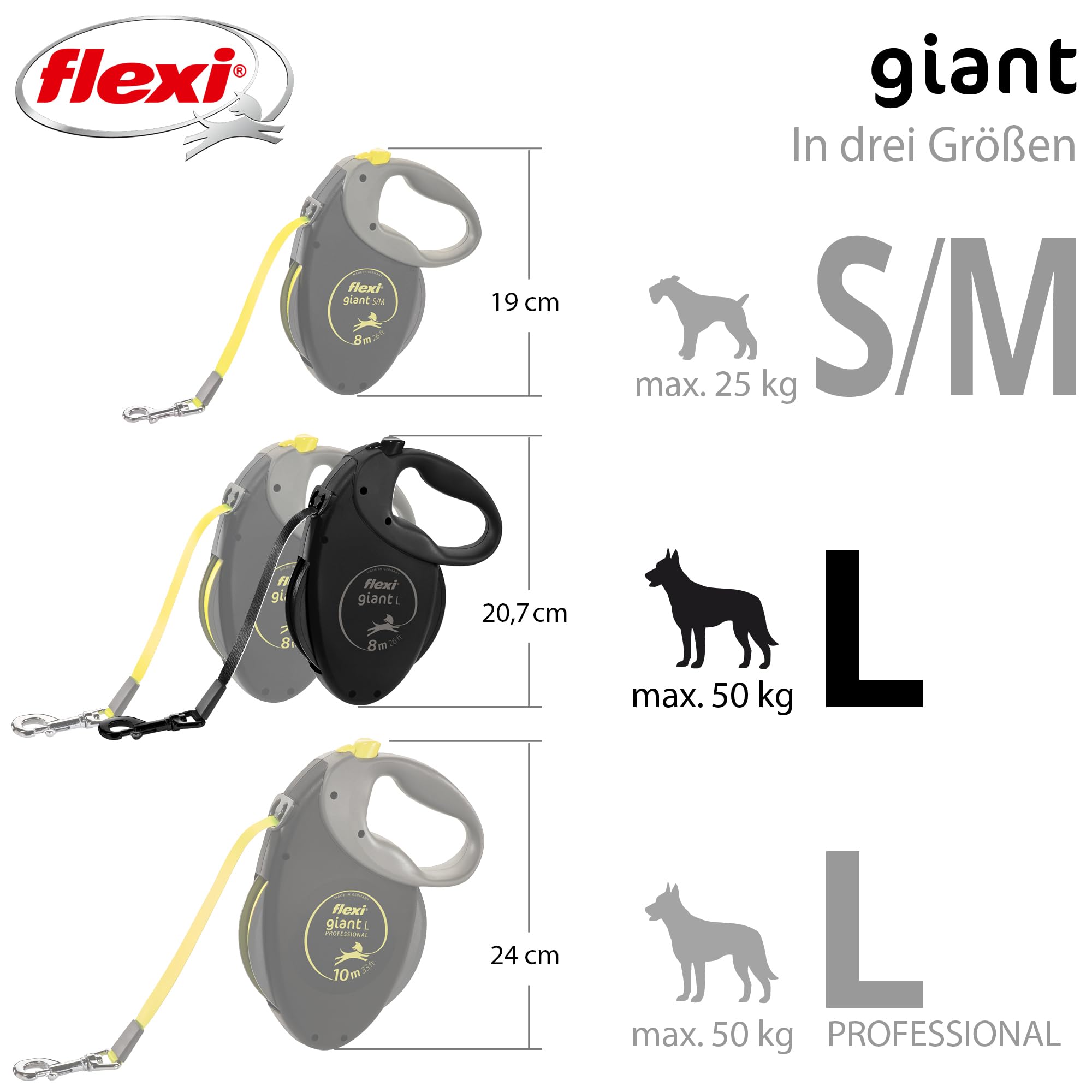 flexi® Giant S/M | 8m Gurt Roll-Leine für Hunde bis 25 kg | schwarz/neon-gelb | ausziehbare Hundeleine | Gewicht 438.4 gr | Maße 15.3 x 19.2 cm