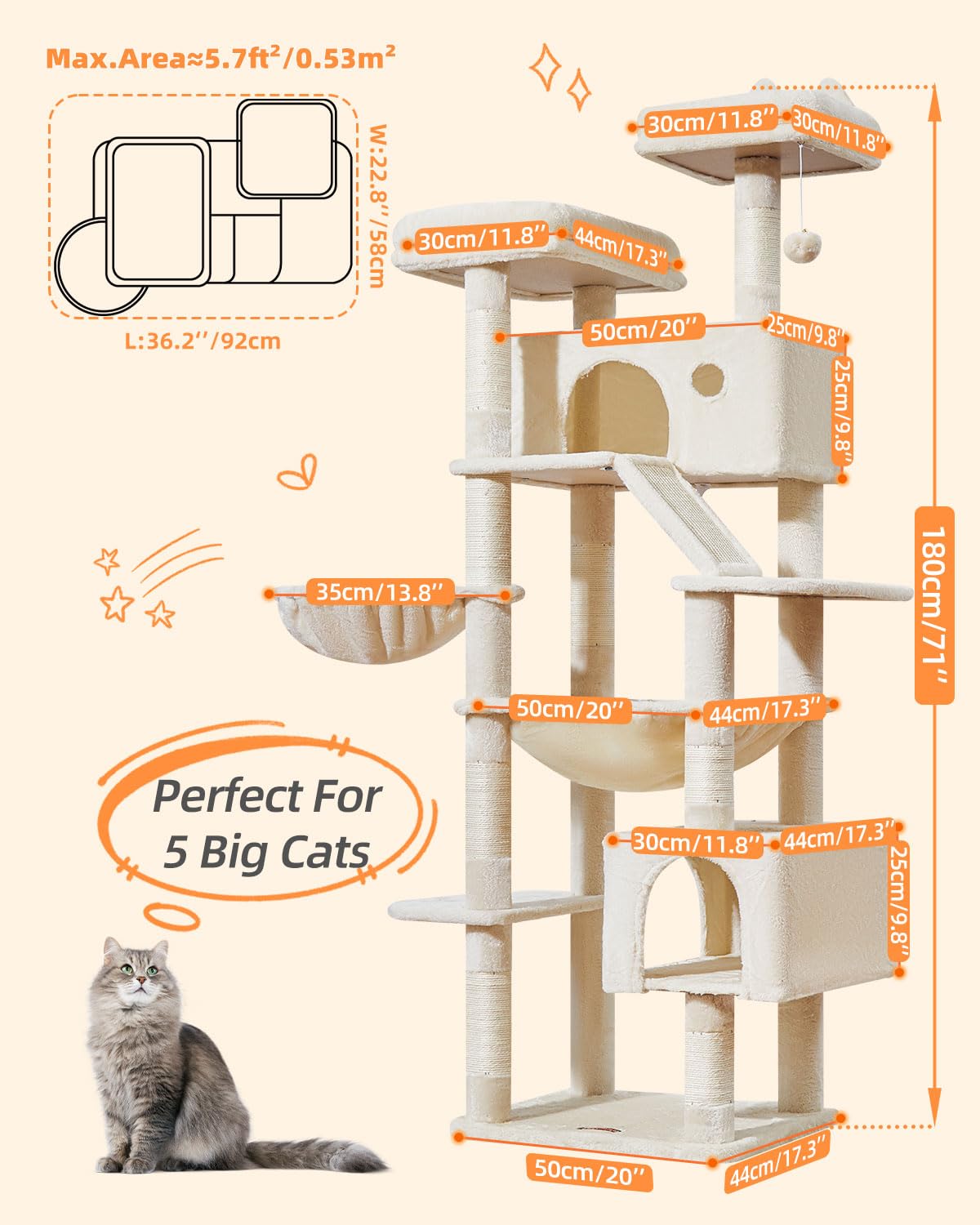 Taoqimiao 180CM Kratzbaum Groß, Katzenbaum Katzen Kratzbaum Grosse Katzen Stabil mit 2 Katzenhaus, Metallhängematte, Korb, 8 Kratzsäulen, Katzenkratztafel, MS026LM Beige