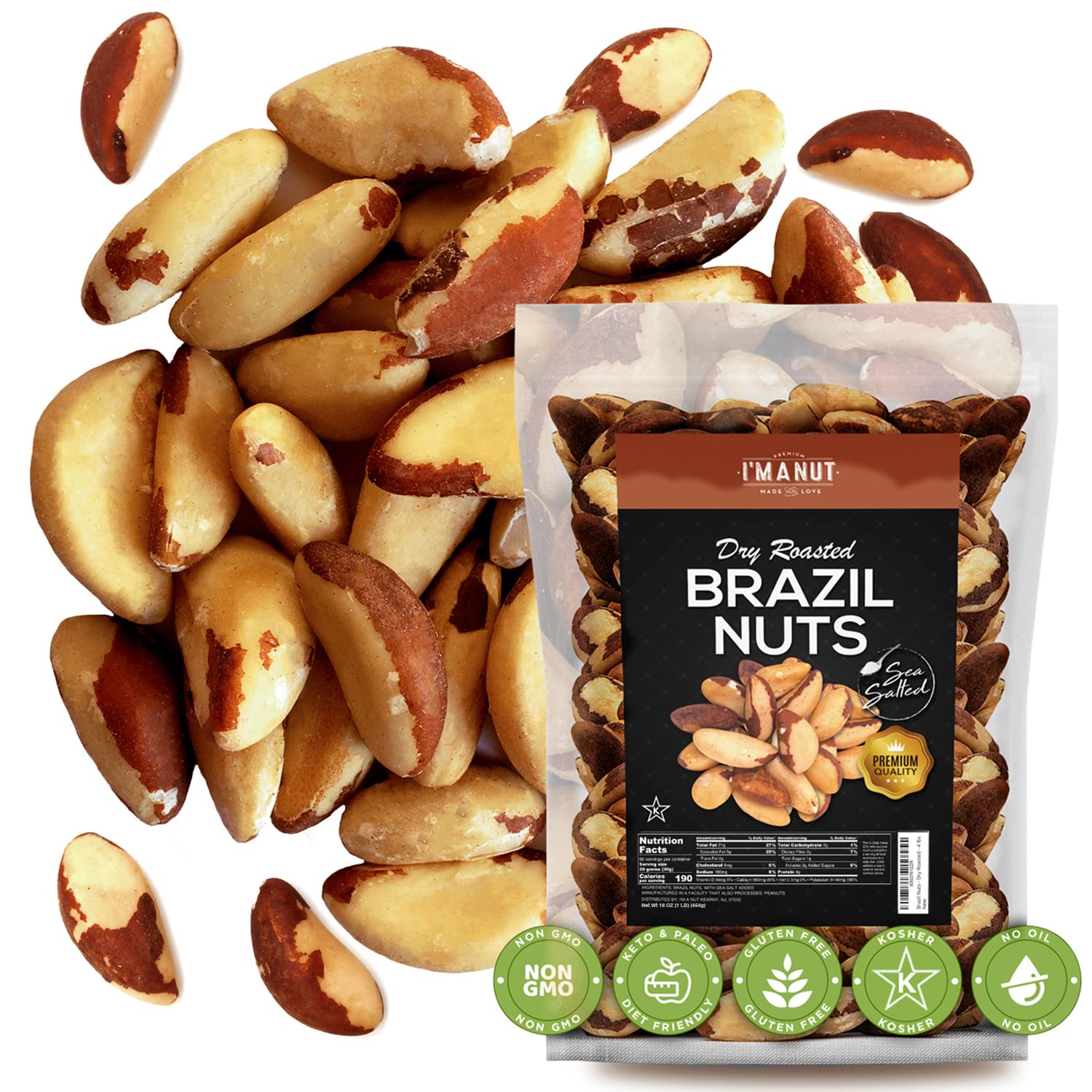 Premium Wild Harvested Raw Brazil Nuts, 1 lb (16oz) – High Selenium, Batch Tested Peanut & Gluten Free, Non-GMO, Kosher, Resealable Bag