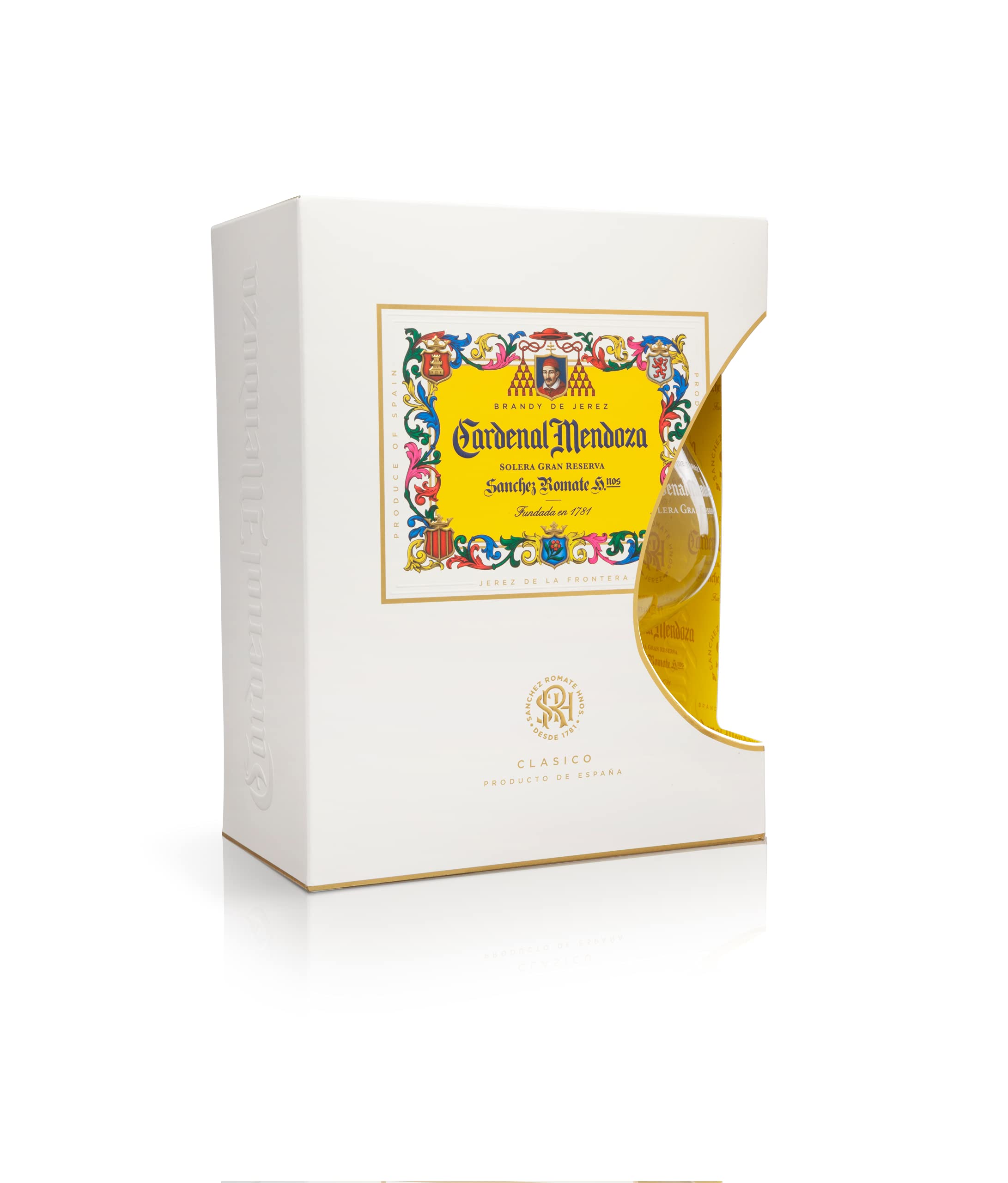 Cardenal Mendoza Clásico Solera Gran Reserva, Brandy de Jerez (1x0,7l) 40% vol - In edler Geschenkverpackung mit Brandyglas - 15 Jahre im Solera-System gereift, ausgewogener Geschmack, angenehm süß
