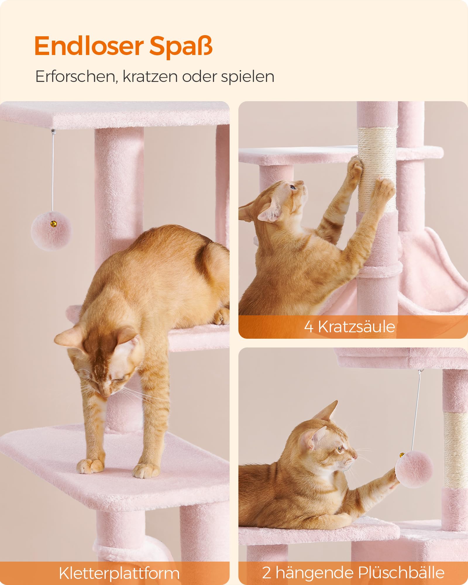 Feandrea Kratzbaum, 143 cm hoch, Katzenbaum, mehrstöckiges Katzenhaus, mit 4 Kratzsäulen, 2 Plattformen, Hängematte, Höhle, hellgrau PCT161W01