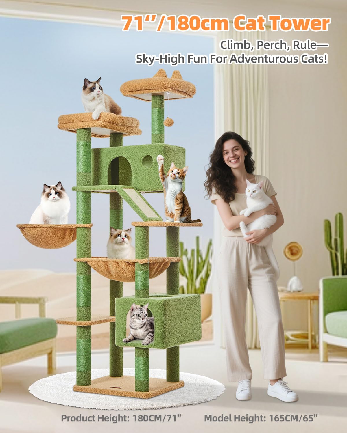 Taoqimiao 180CM Kratzbaum Groß, Katzenbaum Katzen Kratzbaum Grosse Katzen Stabil mit 2 Katzenhaus, Metallhängematte, Korb, 8 Kratzsäulen, Katzenkratztafel, MS026LM Beige