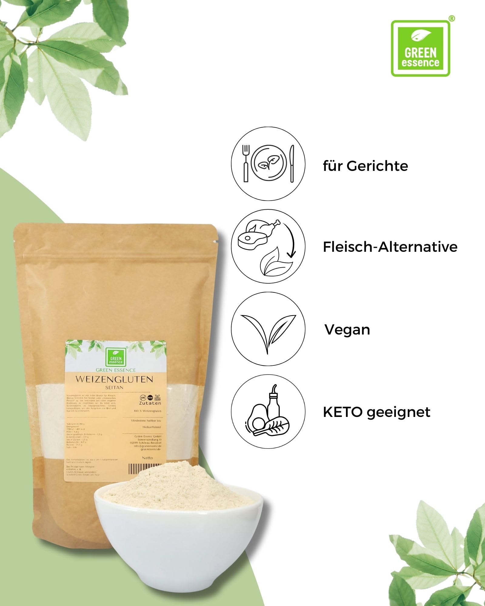 Weizengluten von der Grünen Essenz - veganer Fleischersatz - Seitan Basis Pulver - Weizenkleber low carb - natürliches Verdickungsmittel - rein pflanzlich - Weizeneiweiß