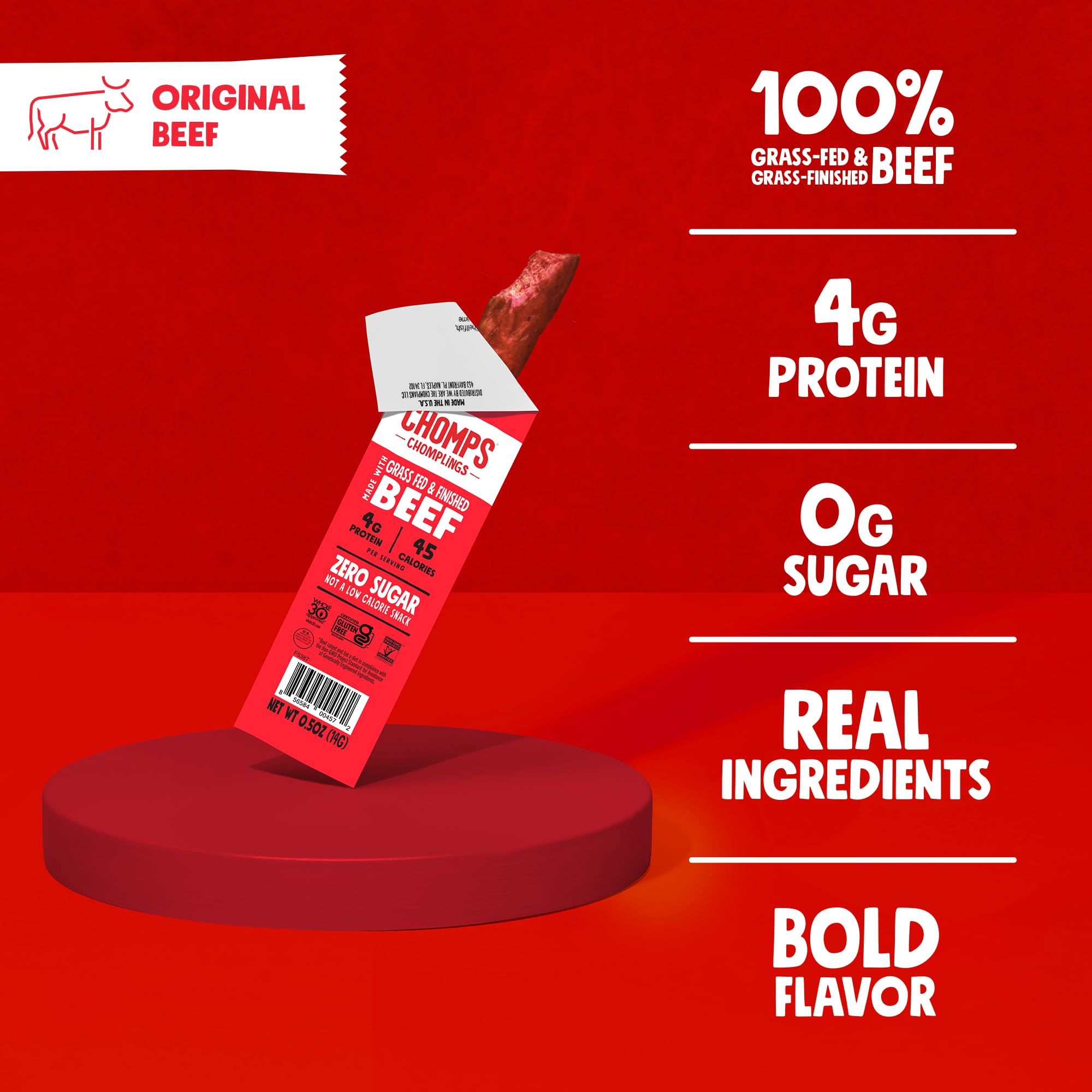 Chomps Snack Size Grass-Fed Original Beef Jerky Snack Sticks 0.5oz 24-Pack - Keto, Paleo, Whole30, 4g Lean Meat Protein, Gluten-Free, Zero Sugar Food, Non-GMO Chomplings