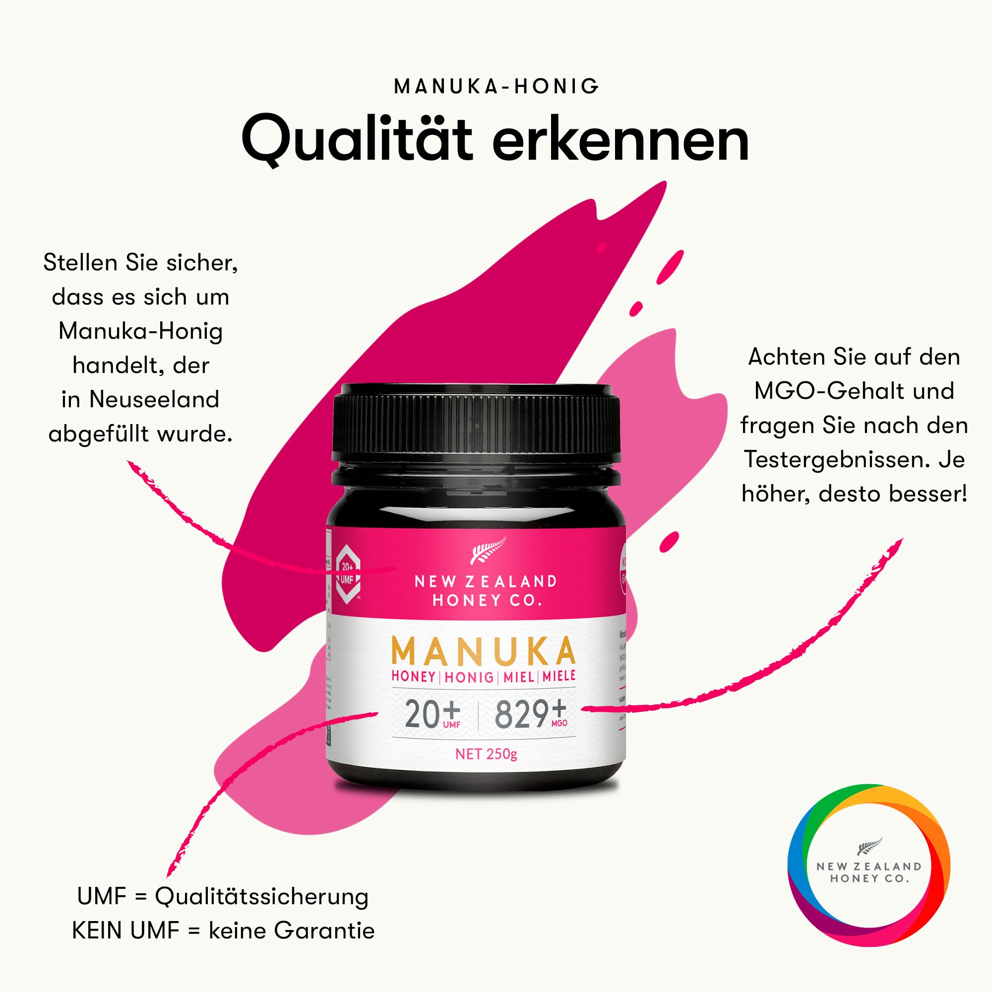 New Zealand Honey Co. Manuka Honig MGO 829+ / UMF 20+ | Aktiv und Roh - Hergestellt in Neuseeland - Zertifiziertem Methylglyoxal Gehalt - 250g - Raw Honey - Rohhonig