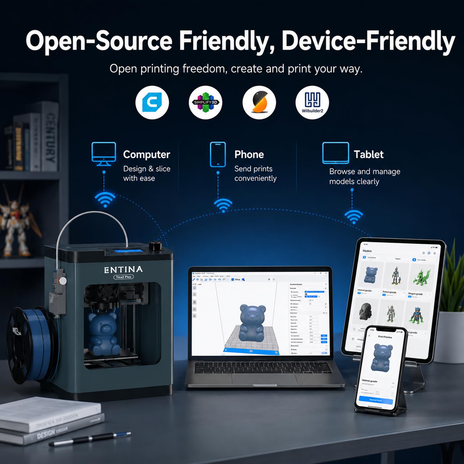 Entina Tina2C 3D Printer for Kids & Beginners, Fully Assembled Starter Mini 3D Printer, Start in 8 Mins, App & WiFi Control, Auto Leveling, 3000+ Model Library, 20+ Creative DIY Modules for STEM, Home
