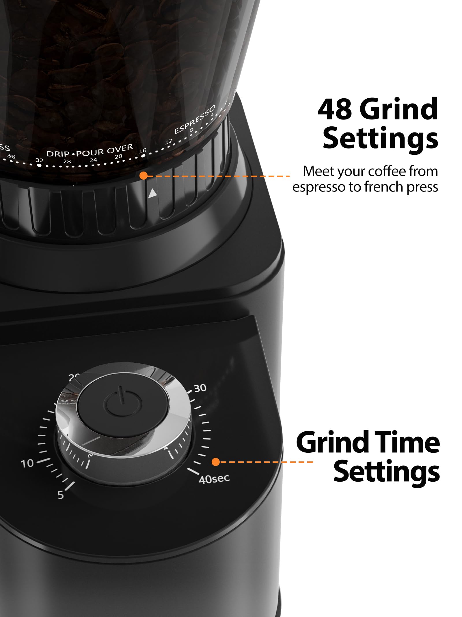Aromaster Coffee Bean Grinder with 48 Gind Settings, Conical Burr Coffee Grinder for Home Use,Stainless Steel,40 Seconds Adjustable Timer,Anti-static,Easy to Clean with Brush,Black