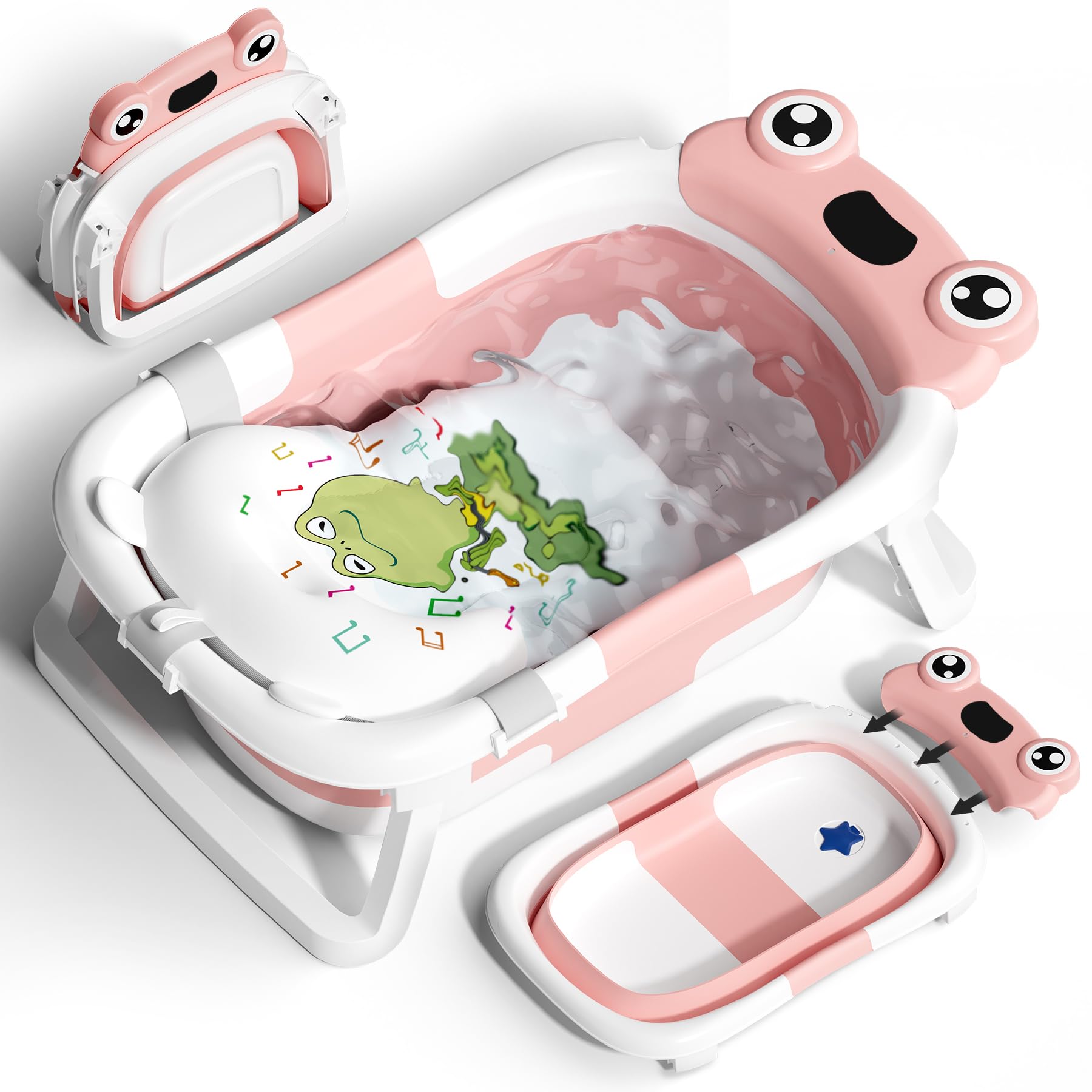 COOSEYA Baby Badewanne für 0-18 Monate, Faltbare Babywanne mit Babybadewanne Stützkissen, Portable Baby Bathtub als Wesentliche Artikel für Neugeborene und Kleinkind, Dinosaurier - Design (Grau)