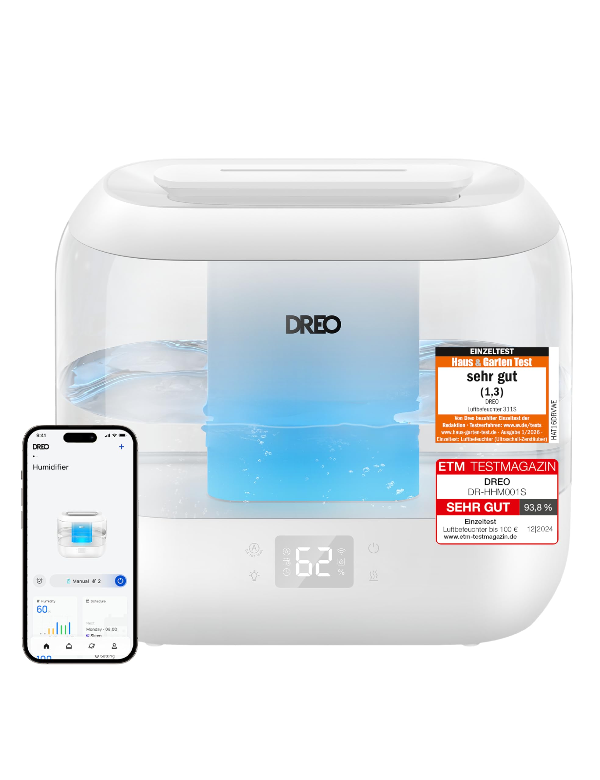 Dreo Smart Luftbefeuchter für Schlafzimmer, oben befüllbarer 4L Supergroßer Kühler Nebel Humidifier mit Öl Diffusor und Nachtlicht, 36 Stunden Laufzeit, leiser Ultraschall Luftbefeuchter Zuhause