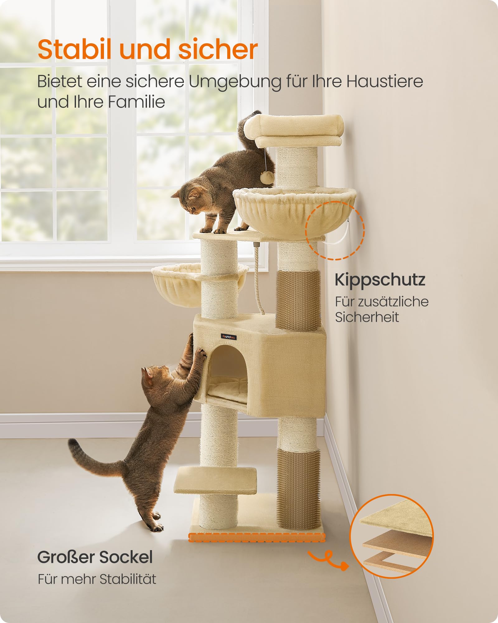 Feandrea Kratzbaum, mit warmen Decken, für große Katze, Katzenbaum, 2 Katzenbürsten, 11,1 cm d Dicke Stämme, große Plattformen, Höhle, 50 x 50 x 160 cm, Taubengrau-schwarz PCT003W01