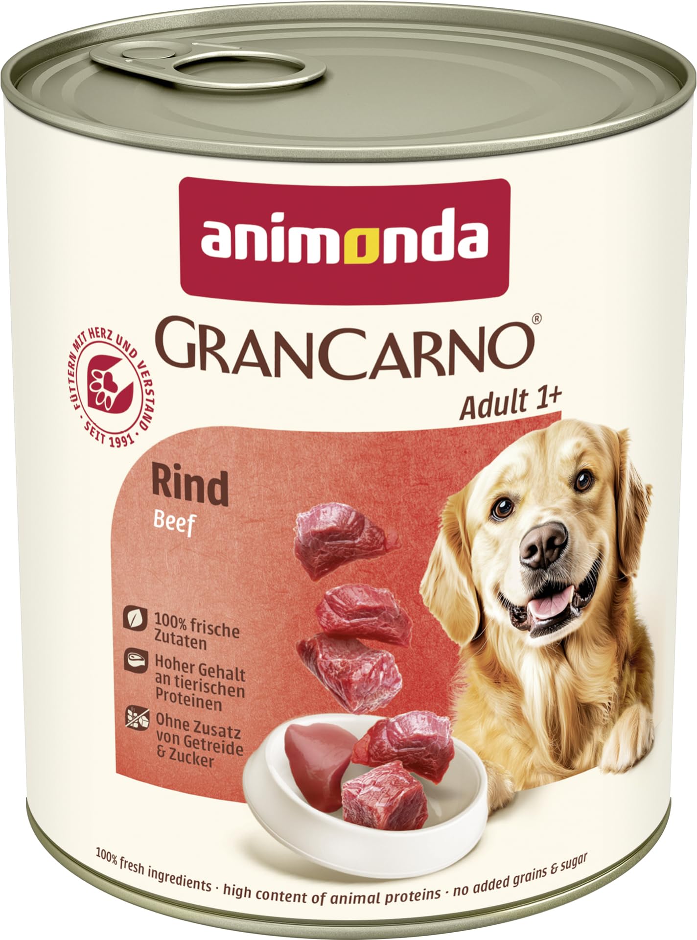 animonda GranCarno Hunde Nassfutter mit Rind + Entenherzen (6 x 800 g), getreidefreies Hundenassfutter ohne Zucker, für ausgewachsene Hunde, mit frischen fleischigen Zutaten