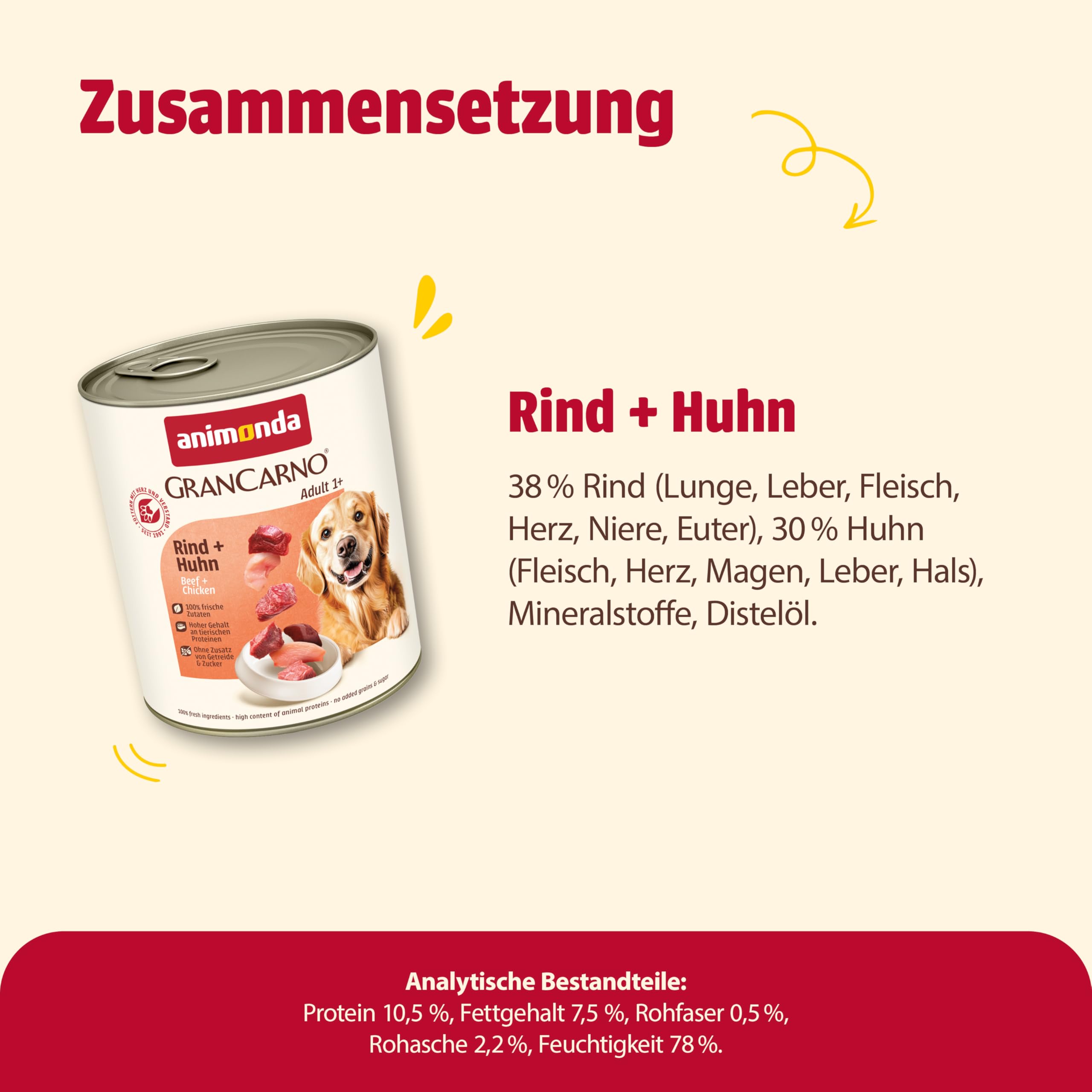 animonda GranCarno Hunde Nassfutter mit Rind + Entenherzen (6 x 800 g), getreidefreies Hundenassfutter ohne Zucker, für ausgewachsene Hunde, mit frischen fleischigen Zutaten