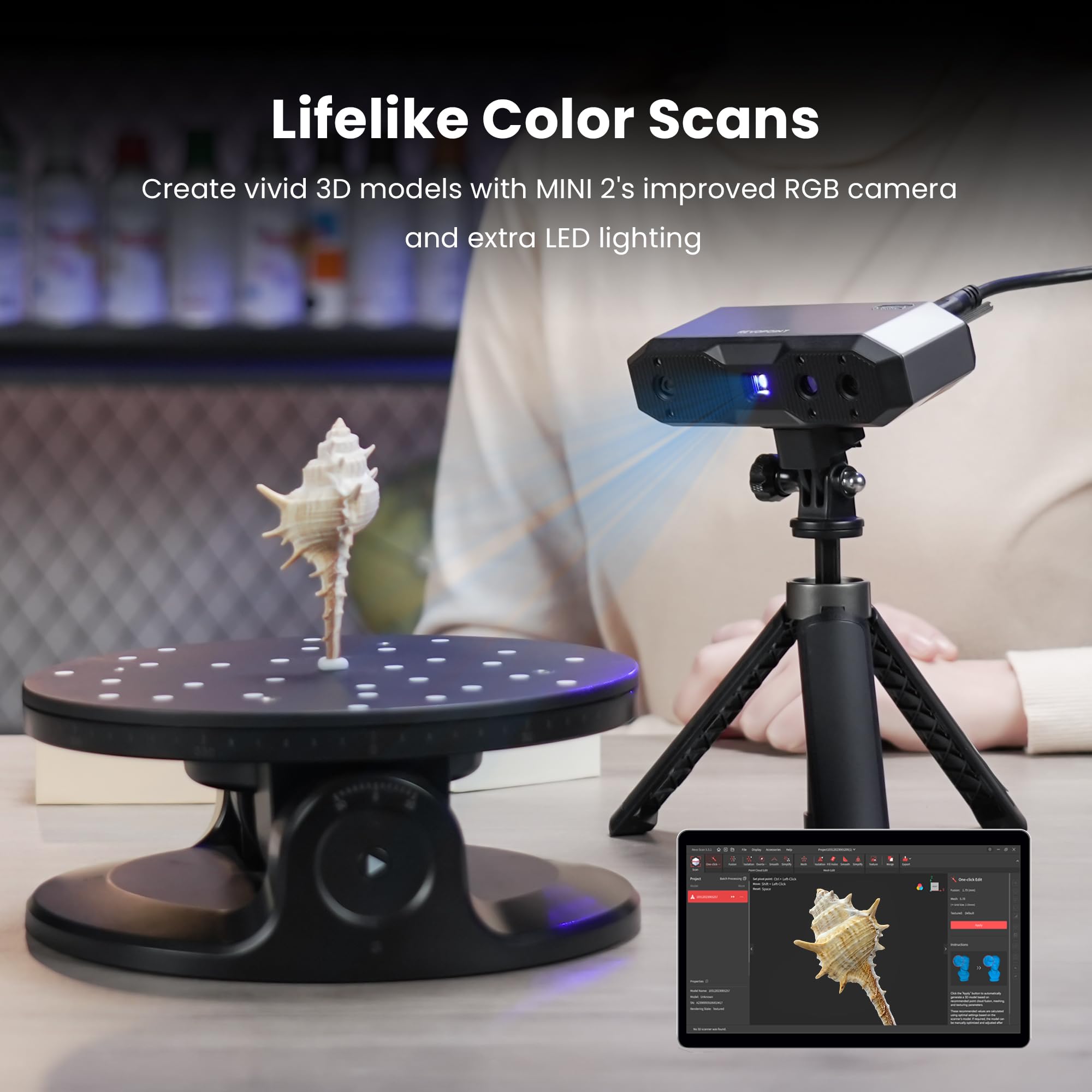 Revopoint MINI 2 3D Scanner for 3D Printing Handheld, Up to 0.02mm Precision, Industrial Blue Light, Full Color Model Scanning for Small Objects, Compatible with Win/Android/iOS/macOS, Standard