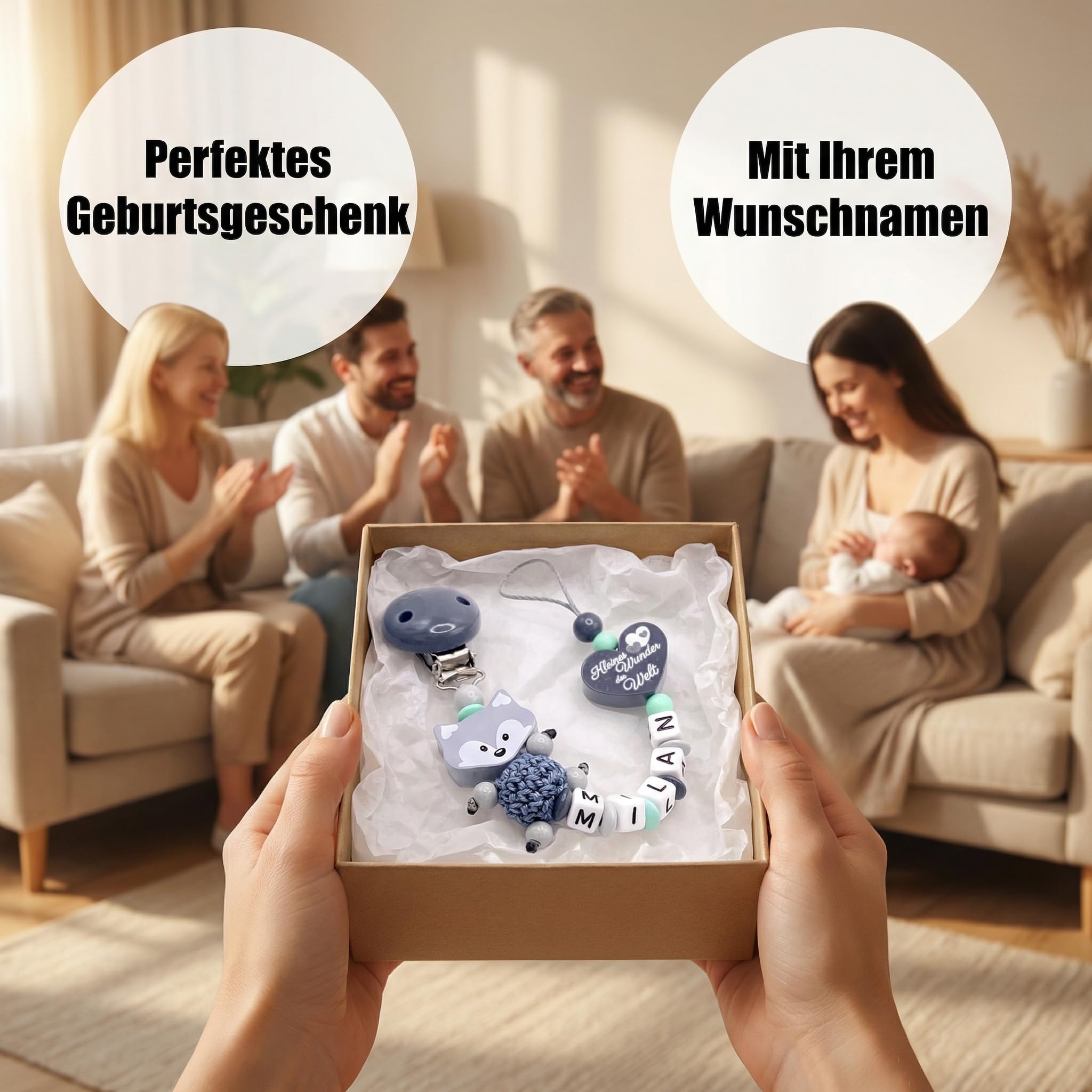 Schnullerband mit Namen für Mädchen & Jungen personalisierte Baby Geschenke (Blau)