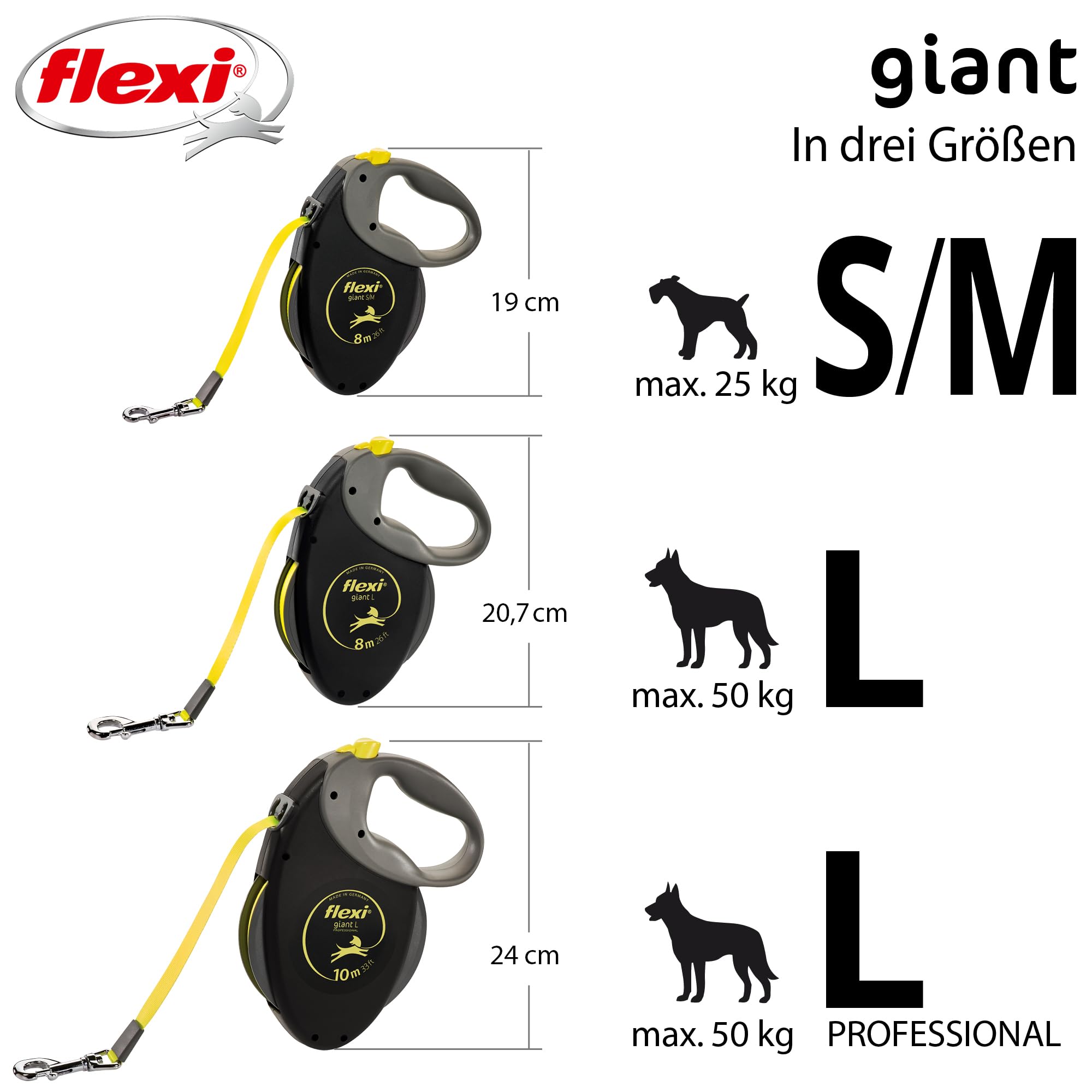 flexi® Giant S/M | 8m Gurt Roll-Leine für Hunde bis 25 kg | schwarz/neon-gelb | ausziehbare Hundeleine | Gewicht 438.4 gr | Maße 15.3 x 19.2 cm