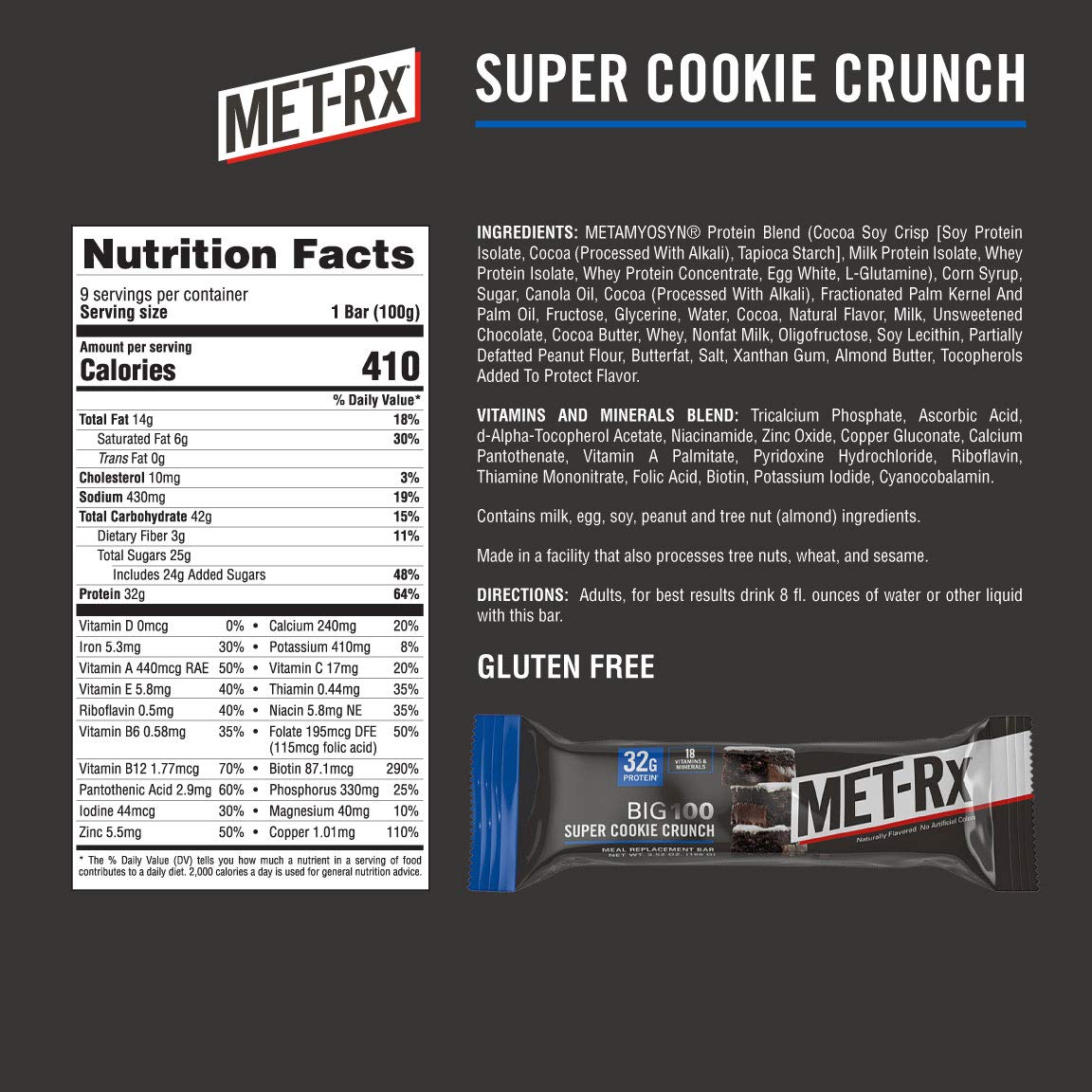 MET-Rx Big 100 Protein Bar, Meal Replacement Bar, 32G Protein, Super Cookie Crunch, 9 Bars (Pack of 1)