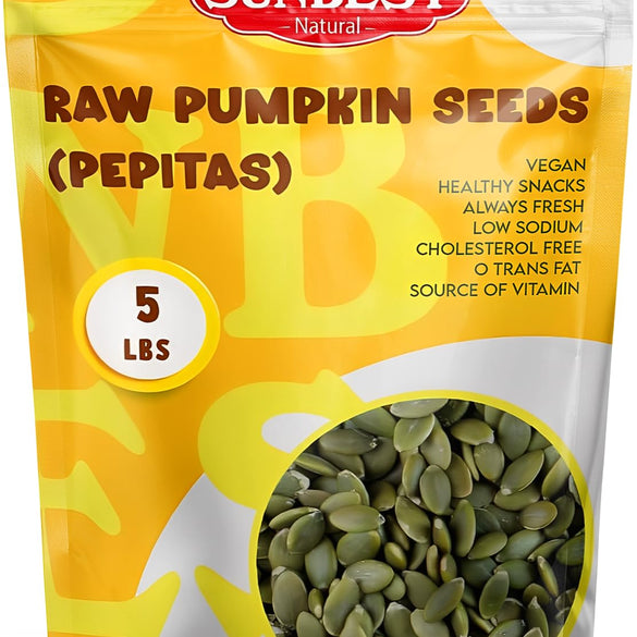 Sunbest Natural Roasted Pumpkin Seeds – 5 lb Bulk Bag – Shelled Pumpkin Seeds, Roasted Salted Pepitas – Fresh, Nutrient-Rich, Non-GMO, Vegan, Kosher – Perfect for Snacking, Cooking & Baking