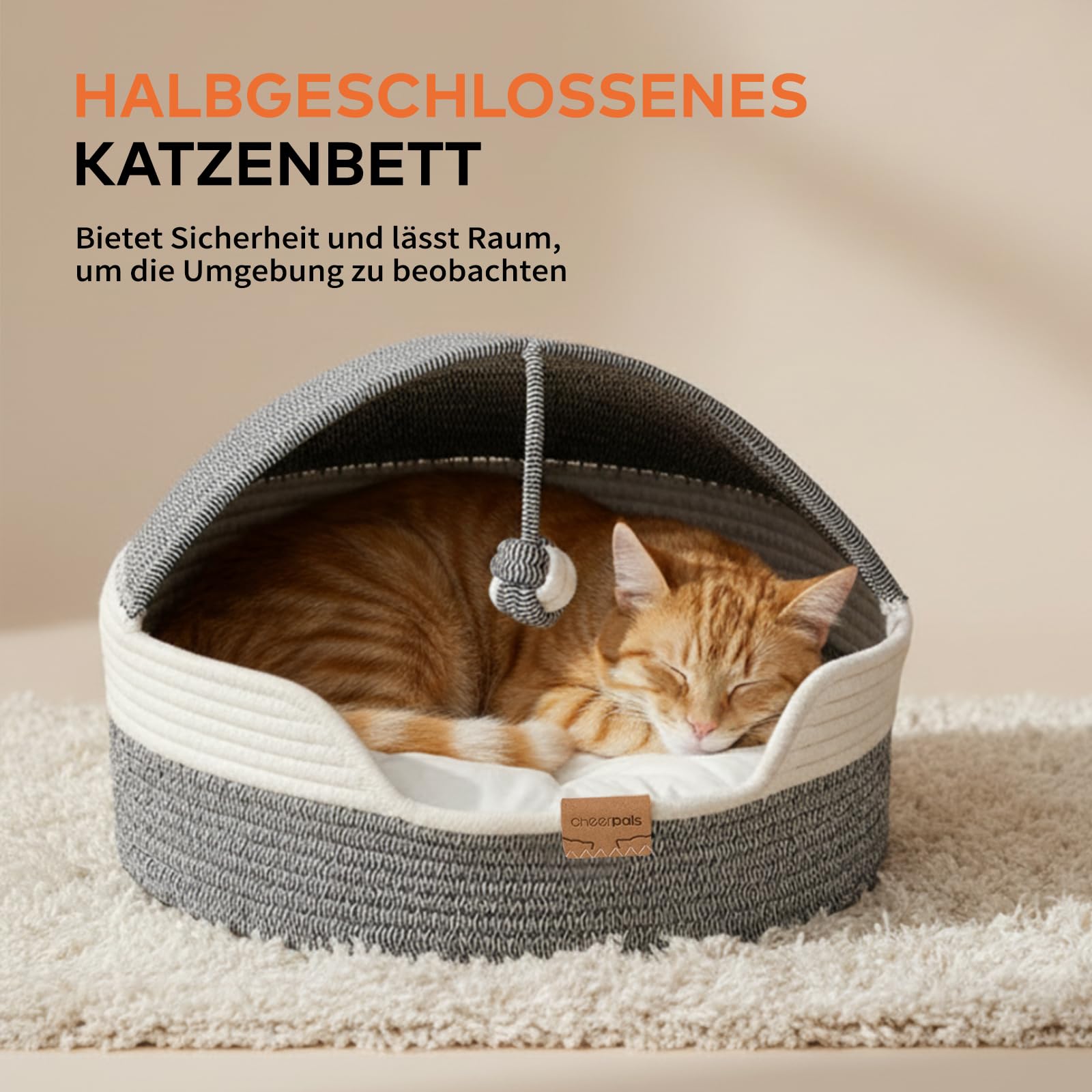 CheerPals Katzenbett mit Kissen, 47cm Waschbar Katzenkorb aus Baumwollseilen geflochten, zum Schlafen für Alle Katze, All Season Universal