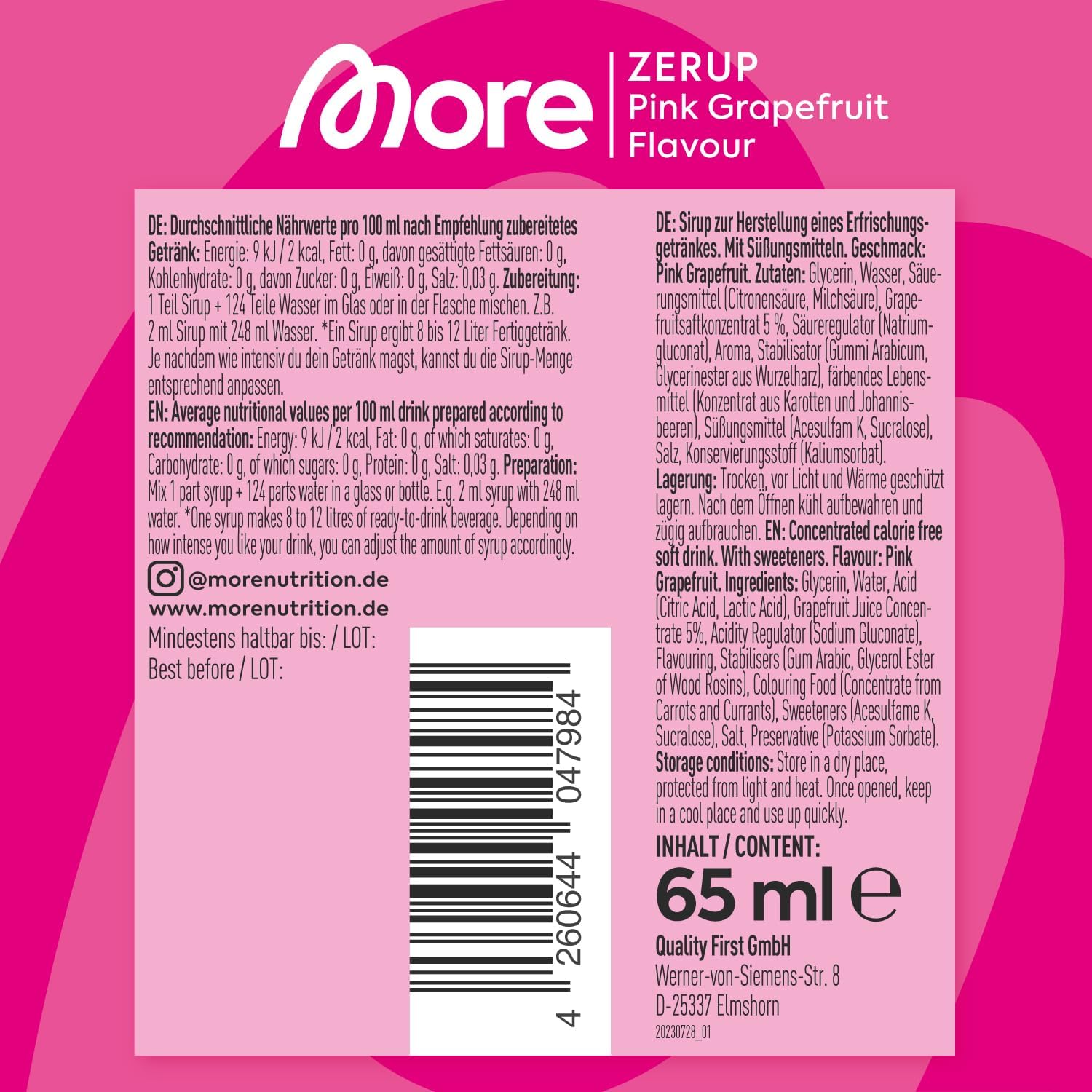 MORE Zerup, Peach Iced Tea, 65 ml, für bis zu 8 l Fertiggetränk, zuckerfreier Sirup mit u.a. echten Fruchtextrakten, vegan, zero Kalorien - made in Germany