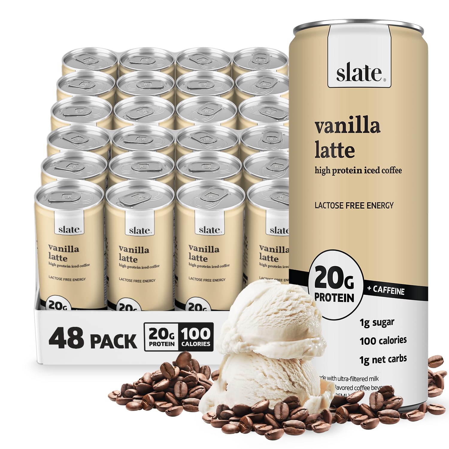 Slate Milk - High Protein Milkshake - French Vanilla - Lactose-Free, 20g Protein, 1g Sugar, 100 Calories, 1g Net Carbs, No Added Sugar - Natural, Breakfast Boost, Post Workout - 11 fl oz, 12 Cans