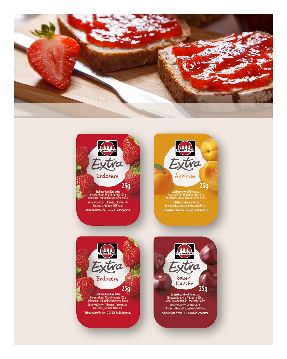 Schwartau Samt Portionen Mix-Box, Konfitüre Portionsschalen (50 x Erdbeere, 25 x Aprikose, 25 x zweierlei Kirsch), Großpackung, 100 x 25g