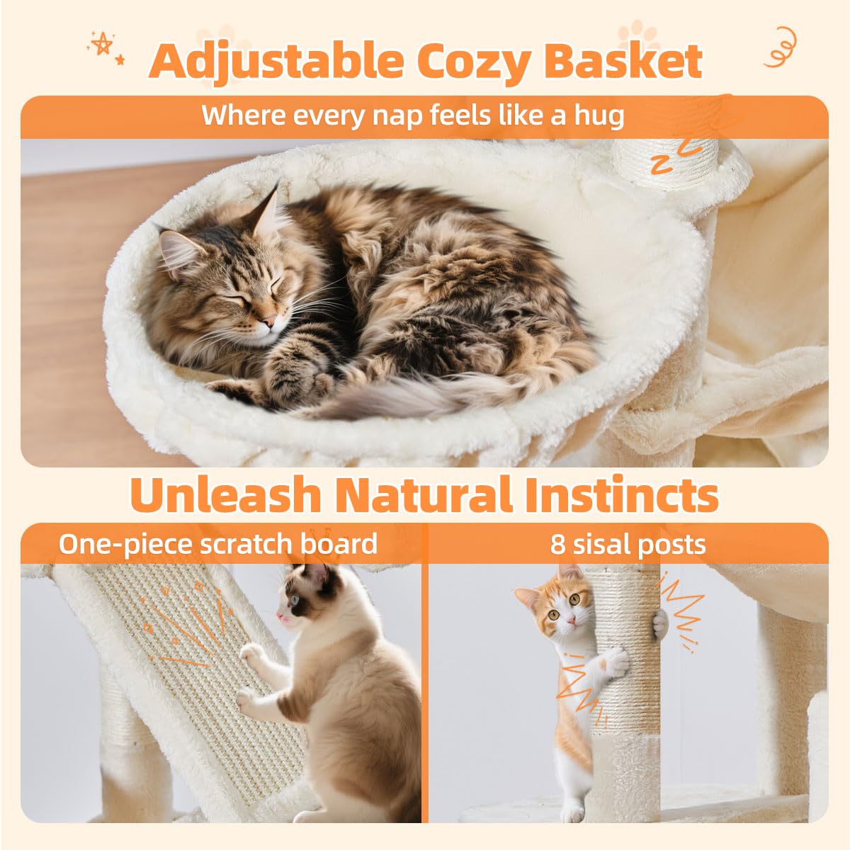 Taoqimiao 180CM Kratzbaum Groß, Katzenbaum Katzen Kratzbaum Grosse Katzen Stabil mit 2 Katzenhaus, Metallhängematte, Korb, 8 Kratzsäulen, Katzenkratztafel, MS026LM Beige