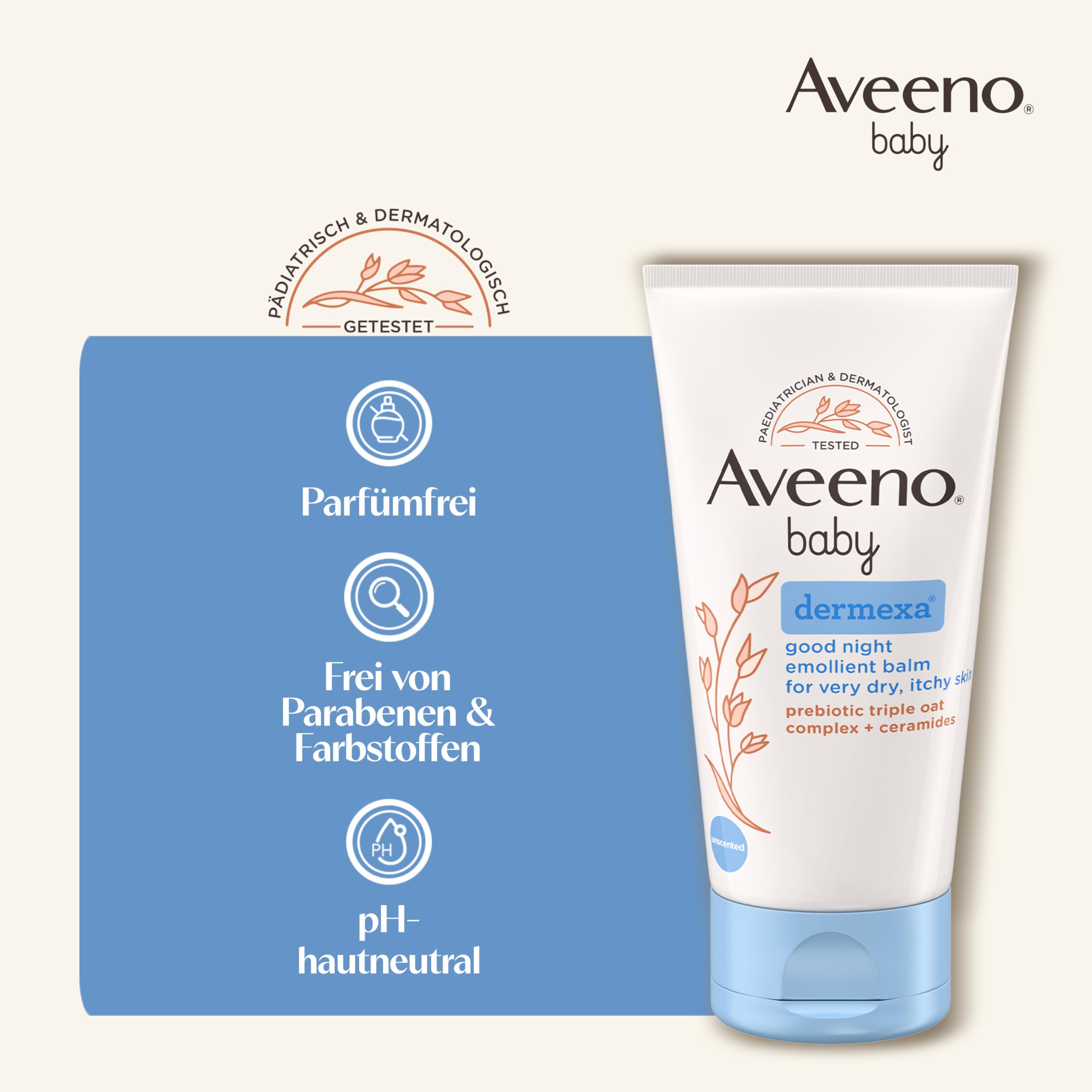 Aveeno® baby dermexa Emollientien Creme mit präbiotischem Hafermehl, Ceramiden & Panthenol für sehr trockene, juckende und zu Neurodermitis neigende Haut, 150 ml