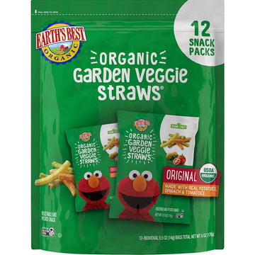 Earth's Best Organic Kids Snacks, Sesame Street Toddler Snacks, Organic Garden Veggie Straws for Toddlers 2 Years and Older, Original, Multipack, .5 oz Bags, 12 Count